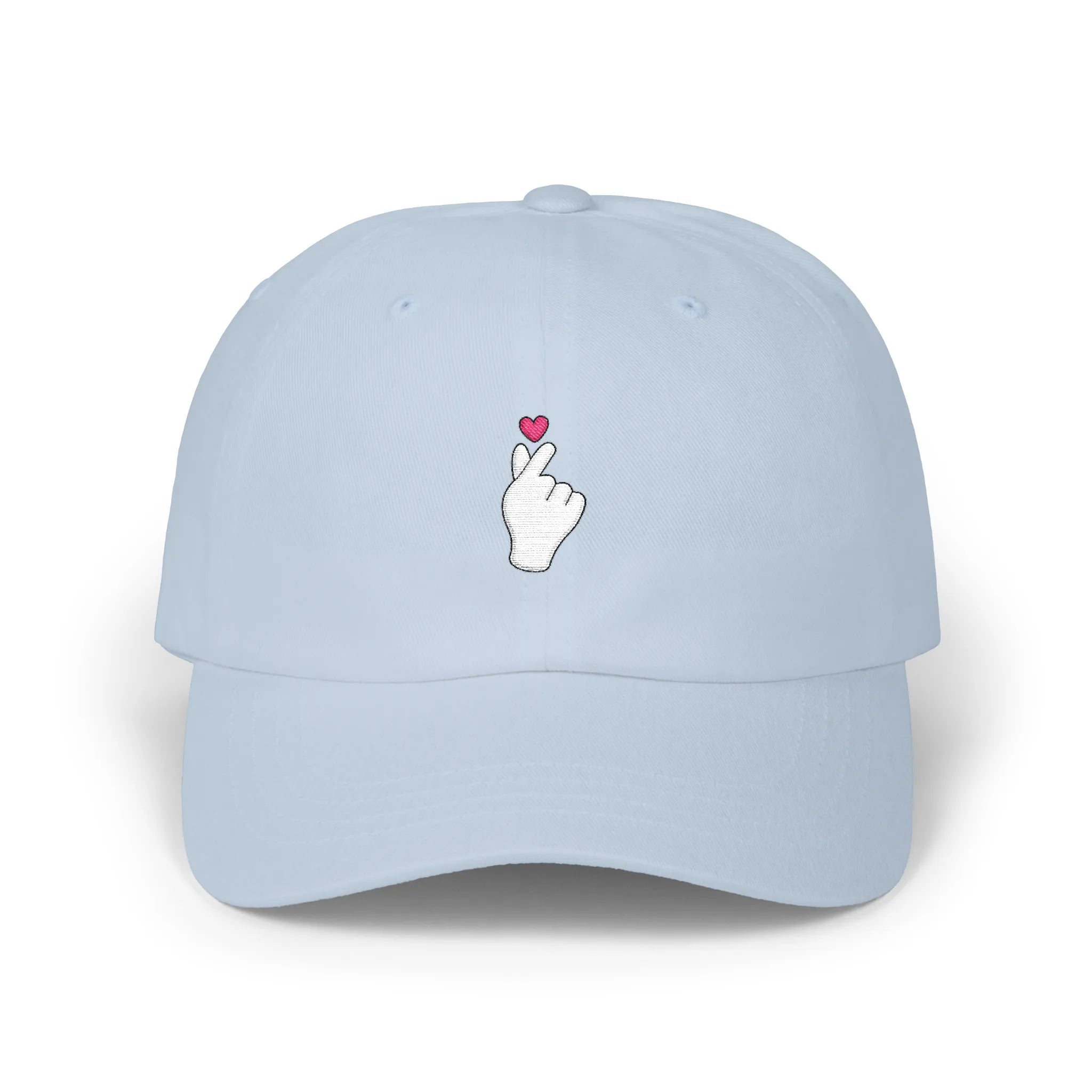 Light Blue Sarange baseball cap, front view with Korean finger heart embroidery and small pink heart