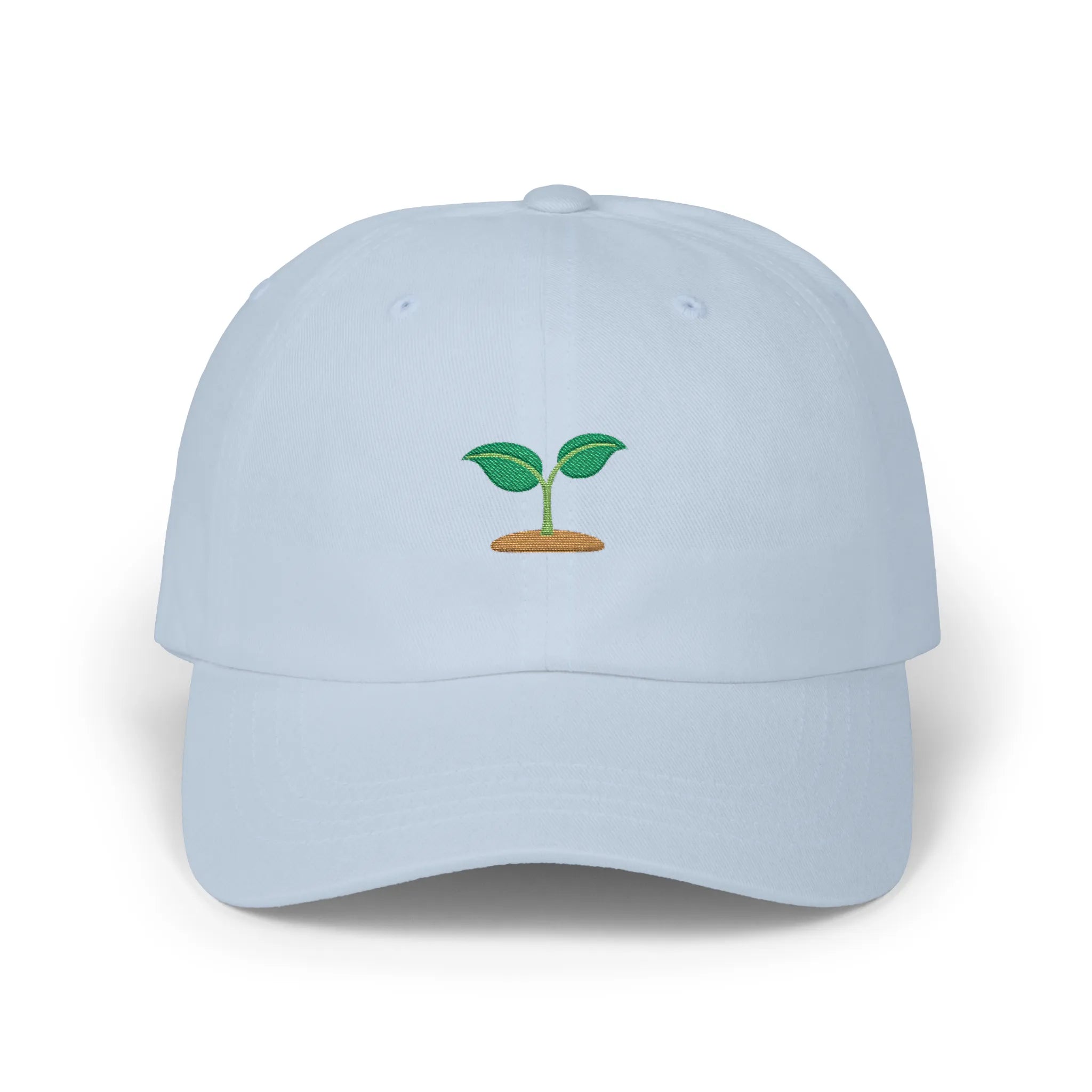 Light Blue seedling baseball cap, front view with small green sprout embroidery above brown soil