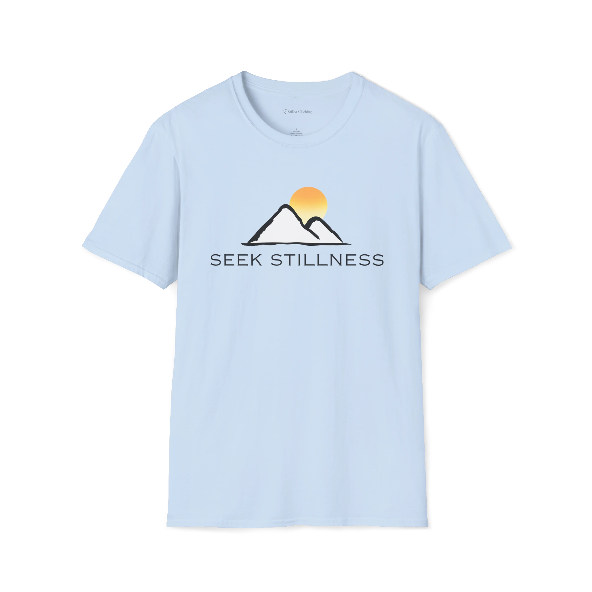 Light Blue Seek Stillness t-shirt, front view with mountain line art and rising sun graphic.