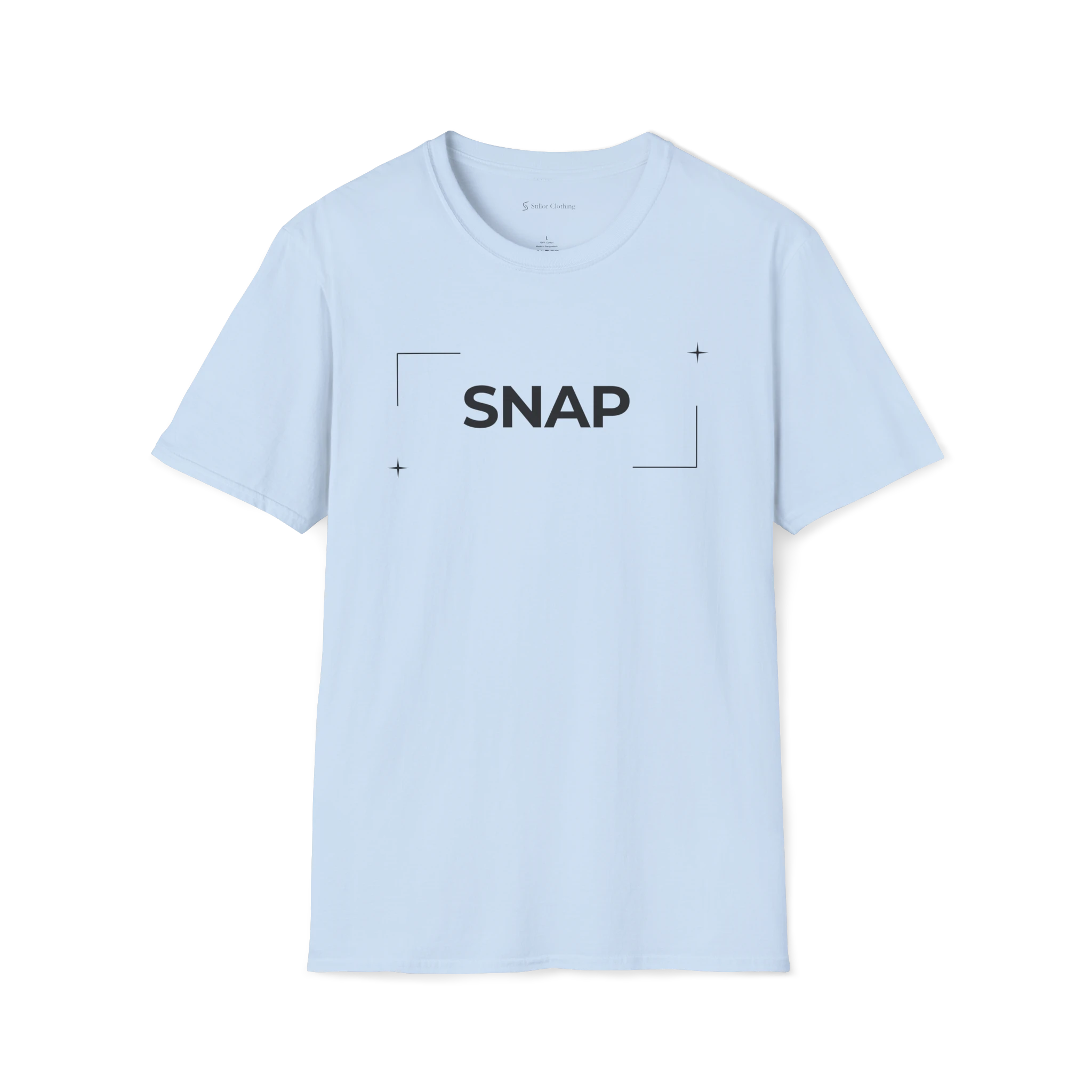Light Blue Snap t-shirt, front view with black SNAP text, camera focus corners, and small star accents