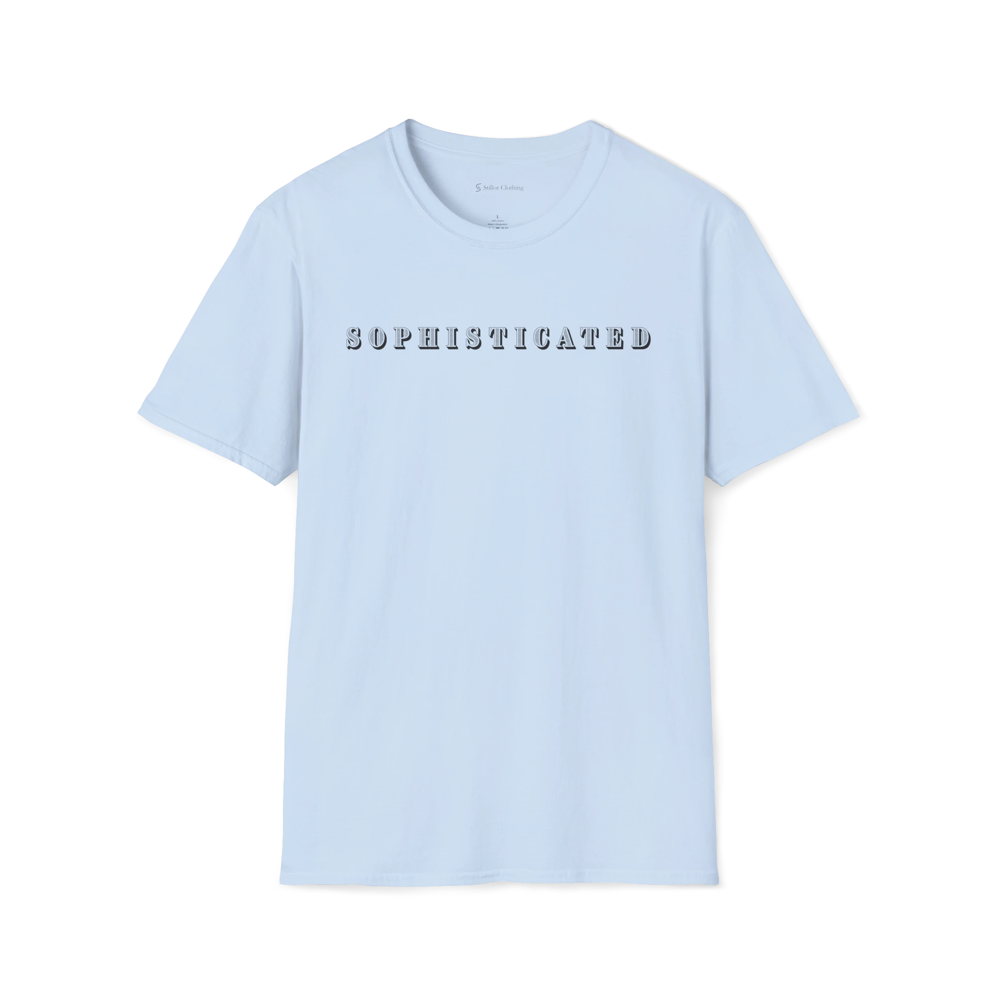 Light Blue Sophisticated t-shirt, front view with centered serif wordmark design