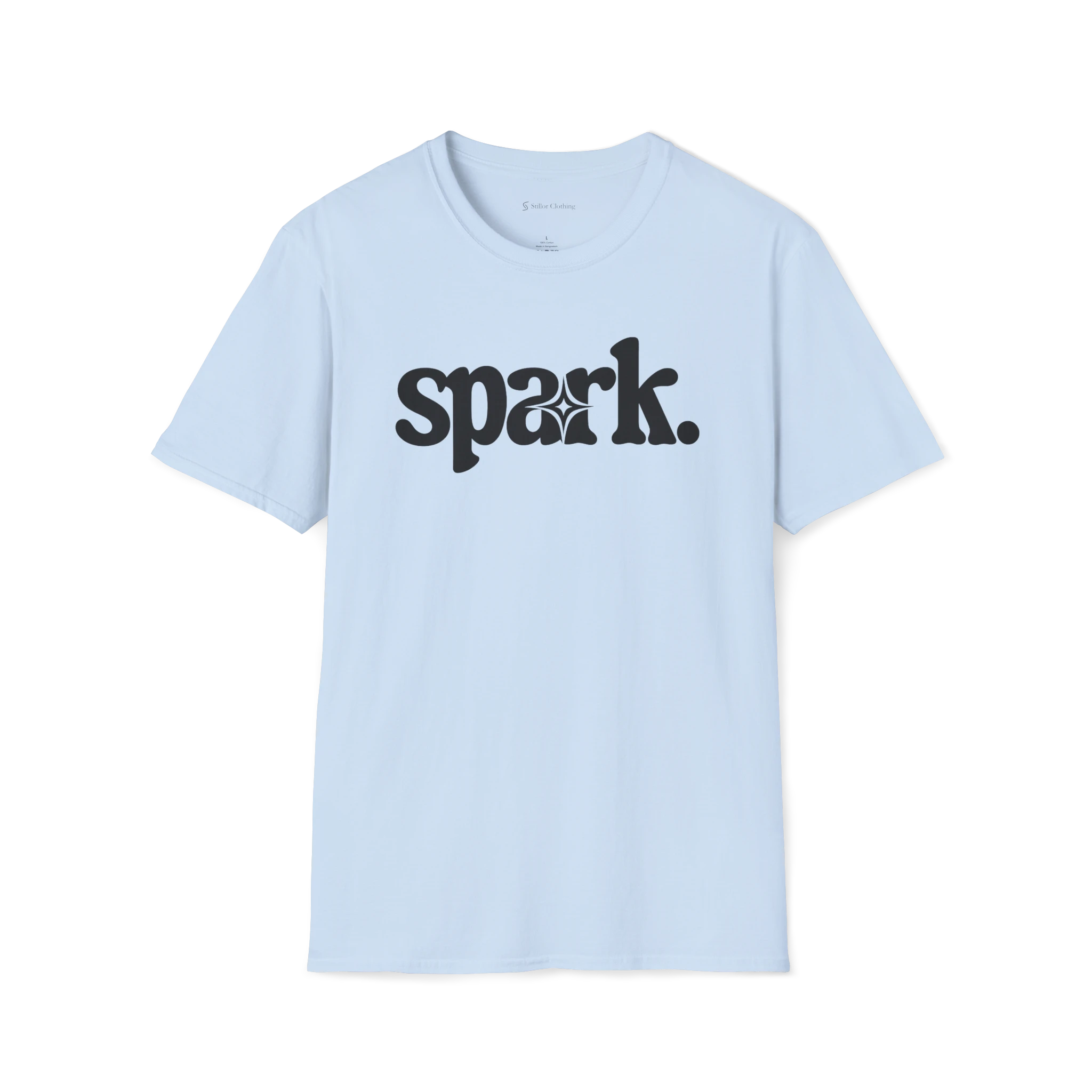 Light Blue Spark T-Shirt, front view with bold black spark wordmark and star detail