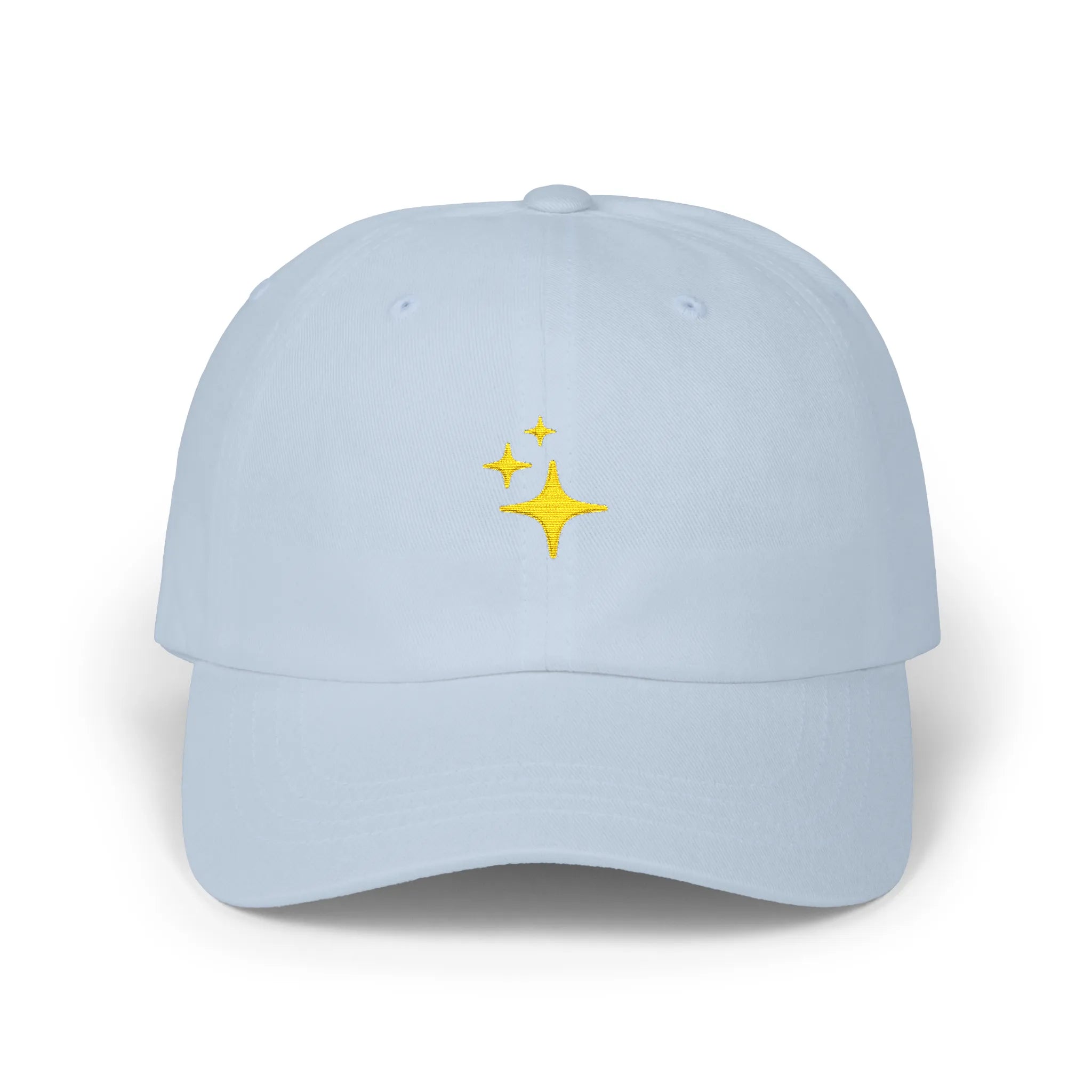 Light Blue sparkles baseball cap, front view with three small yellow sparkle embroideries