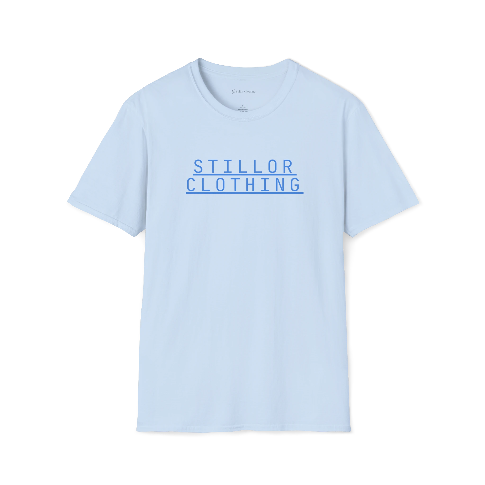 Light Blue Stacked T-Shirt, front view with blue Stillor Clothing stacked wordmark print