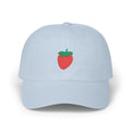 Light Blue strawberry baseball cap, front view with red strawberry and green leaf embroidery