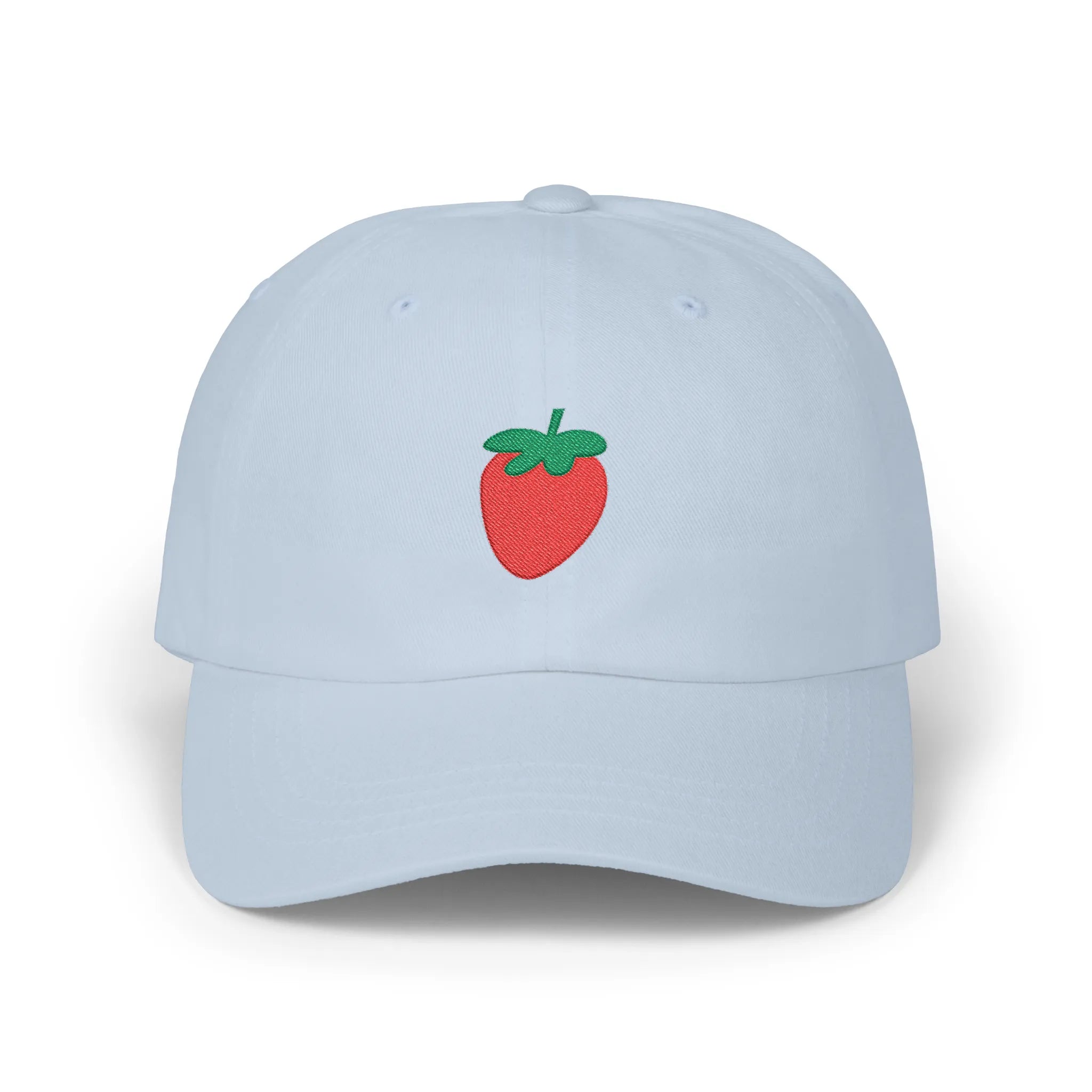 Light Blue strawberry baseball cap, front view with red strawberry and green leaf embroidery