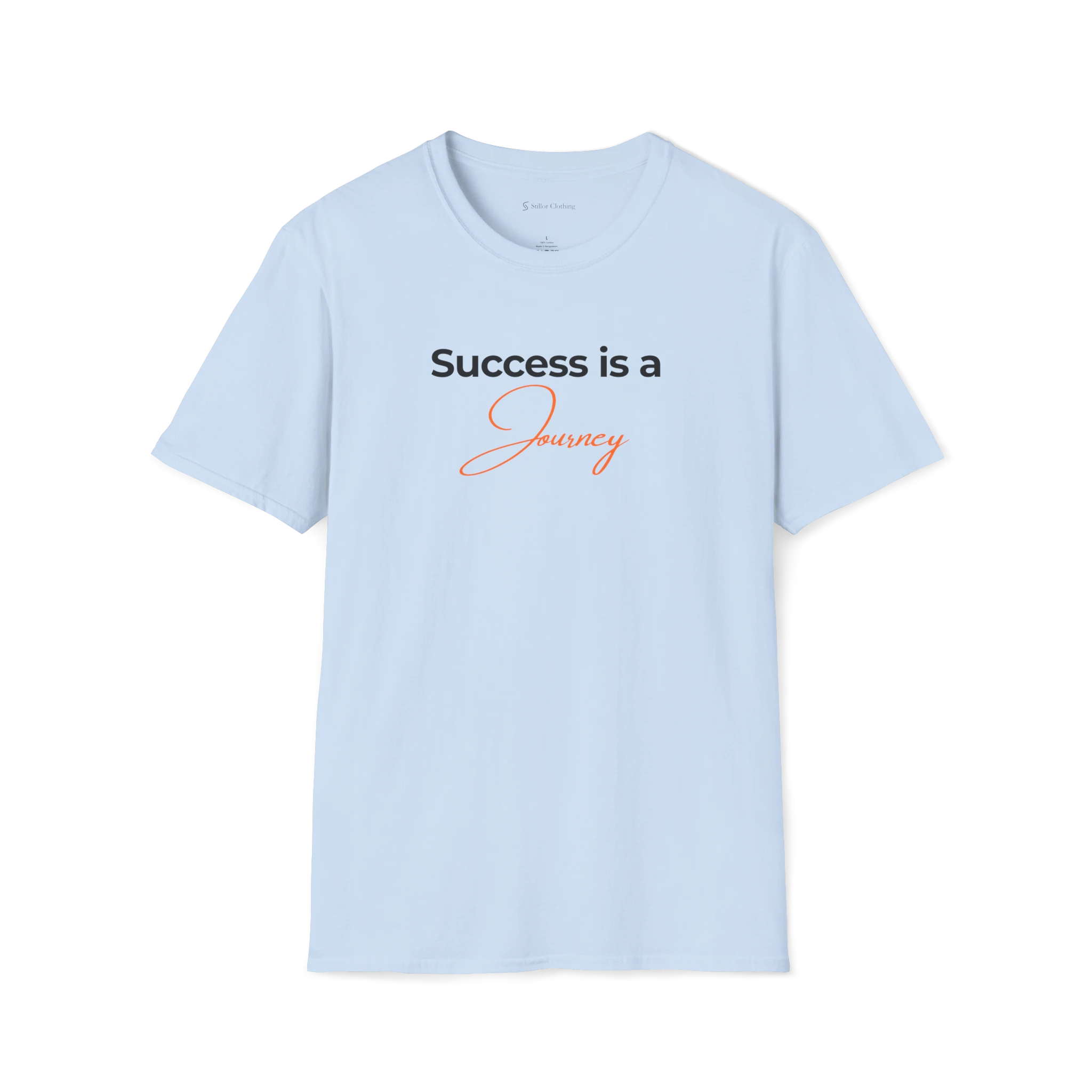Light Blue Success Is A Journey T-shirt, front view with black and orange typography design