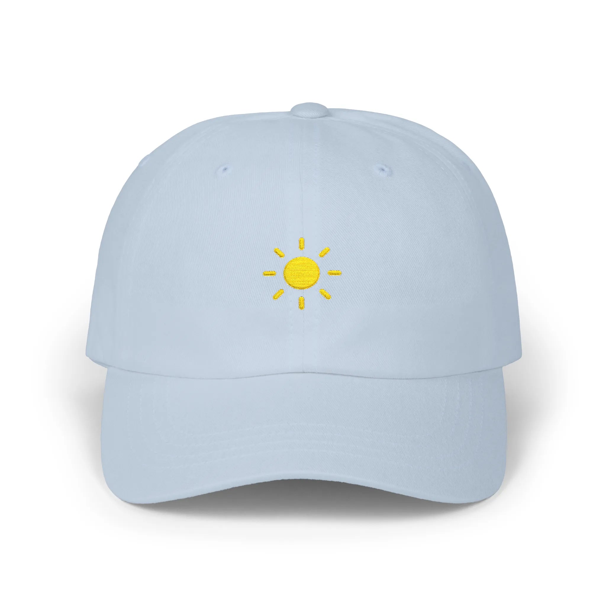 Light Blue sun baseball cap, front view with small yellow sun embroidery at center