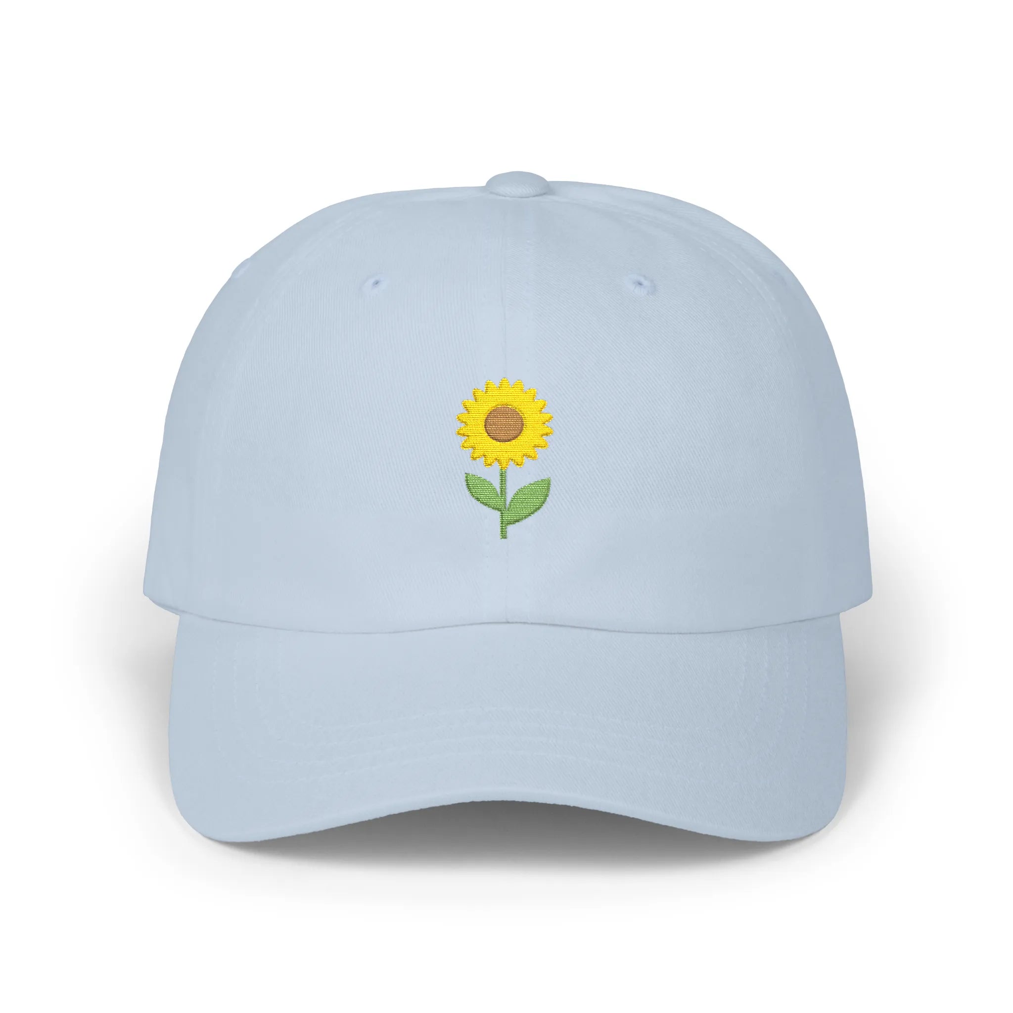 Light Blue sunflower baseball cap, front view with small yellow sunflower embroidery at center