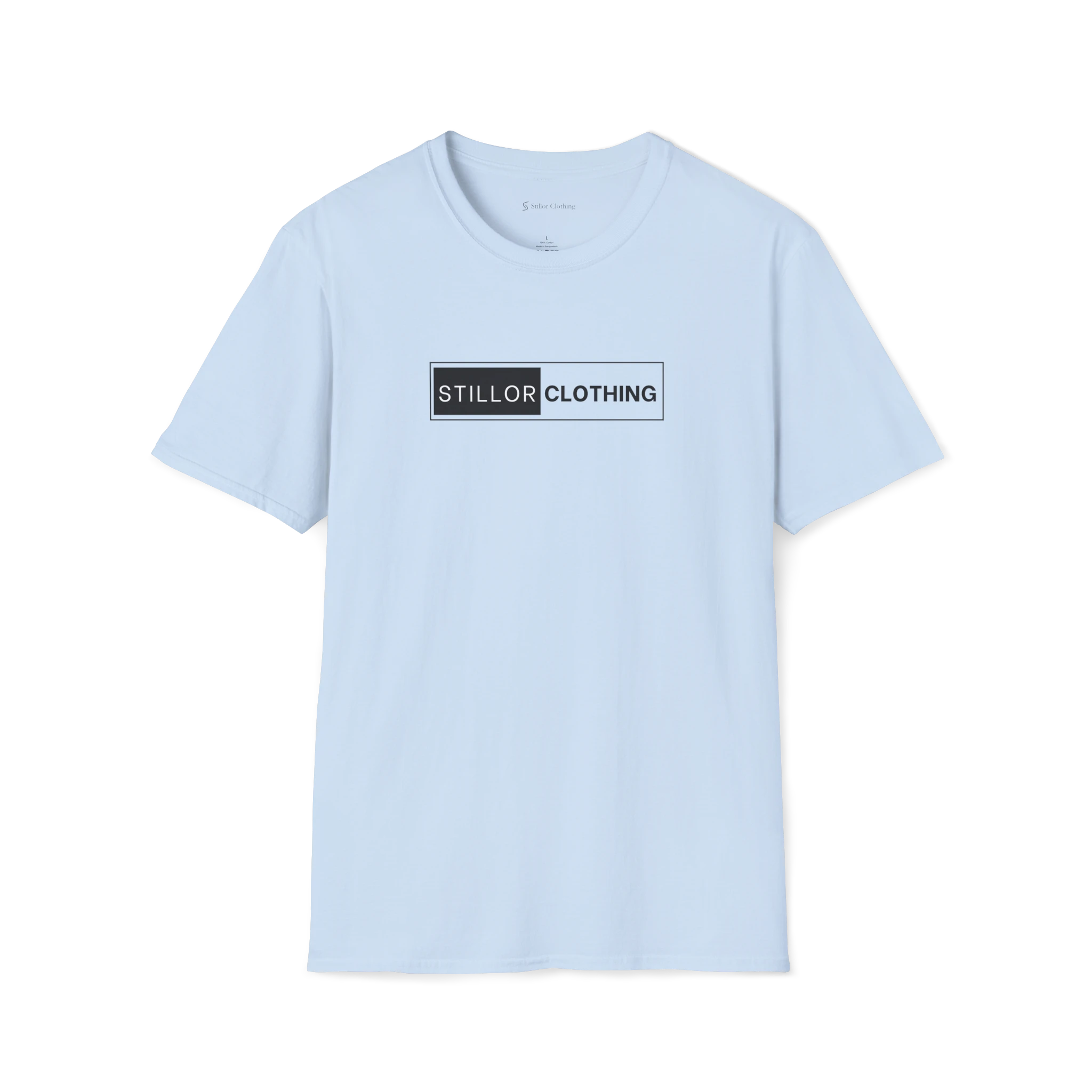 Light Blue The Contrast t-shirt, front view with boxed Stillor Clothing logo print.