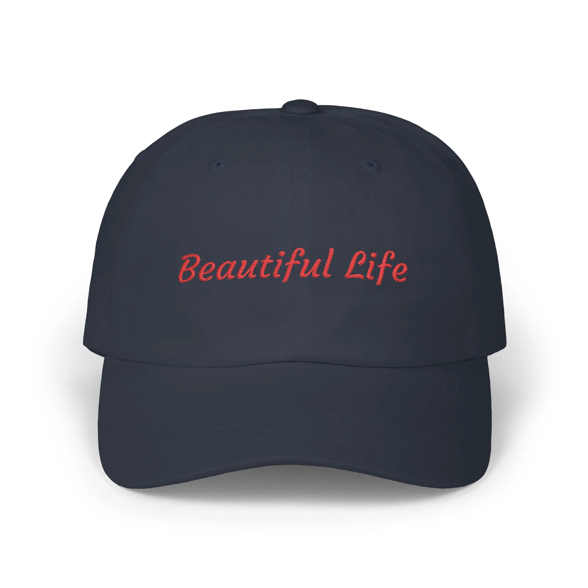 Navy Beautiful Life cap, front view with red embroidered Beautiful Life script