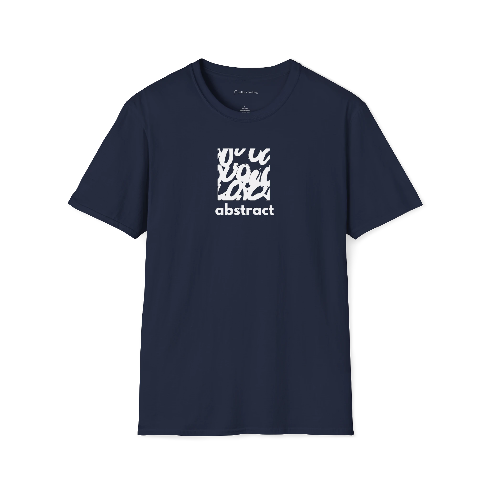 Navy Blue t-shirt with black abstract design and text on a white background