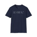 Navy Blue Aesthetic t-shirt, front view with thin minimalist text design