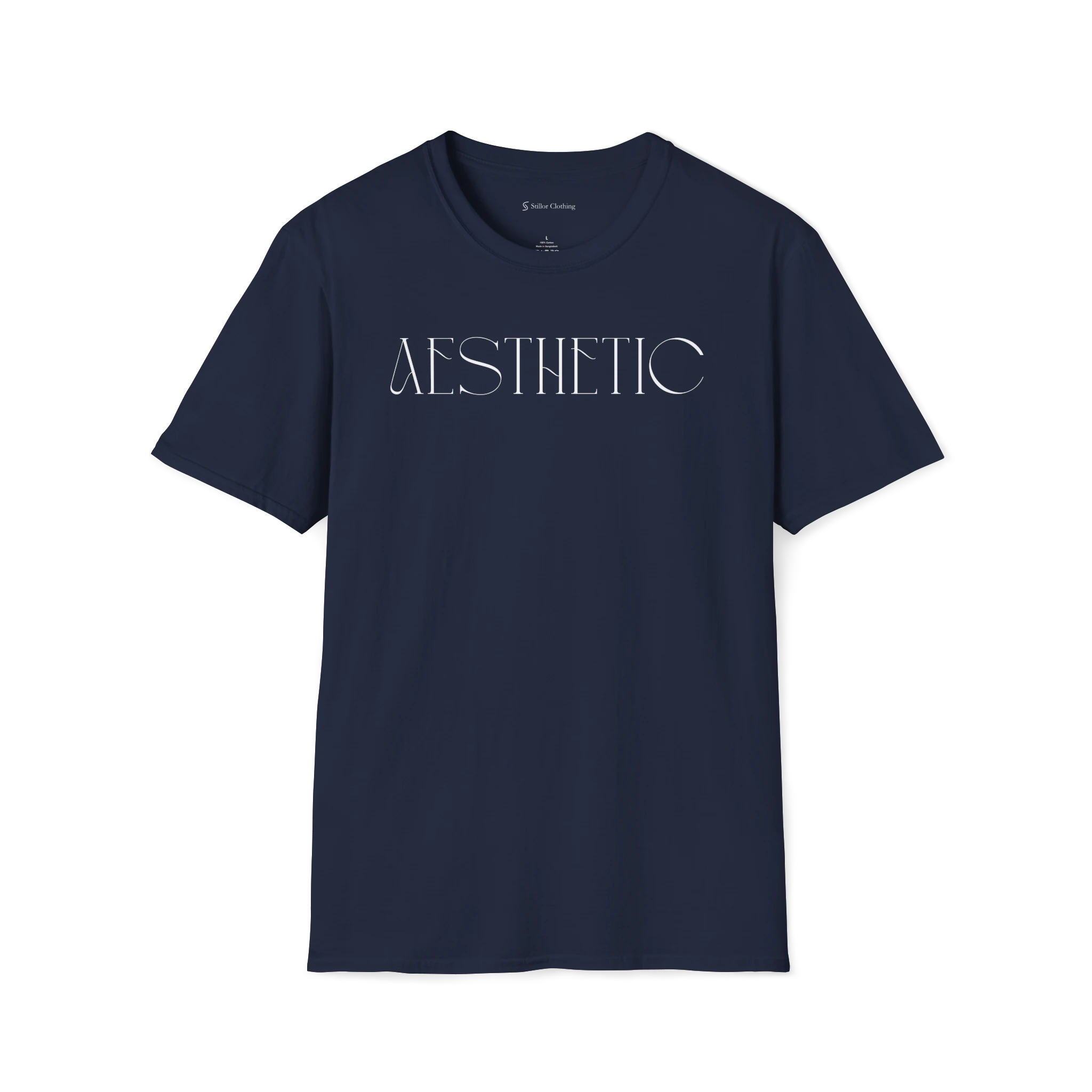 Navy Blue Aesthetic t-shirt, front view with thin minimalist text design