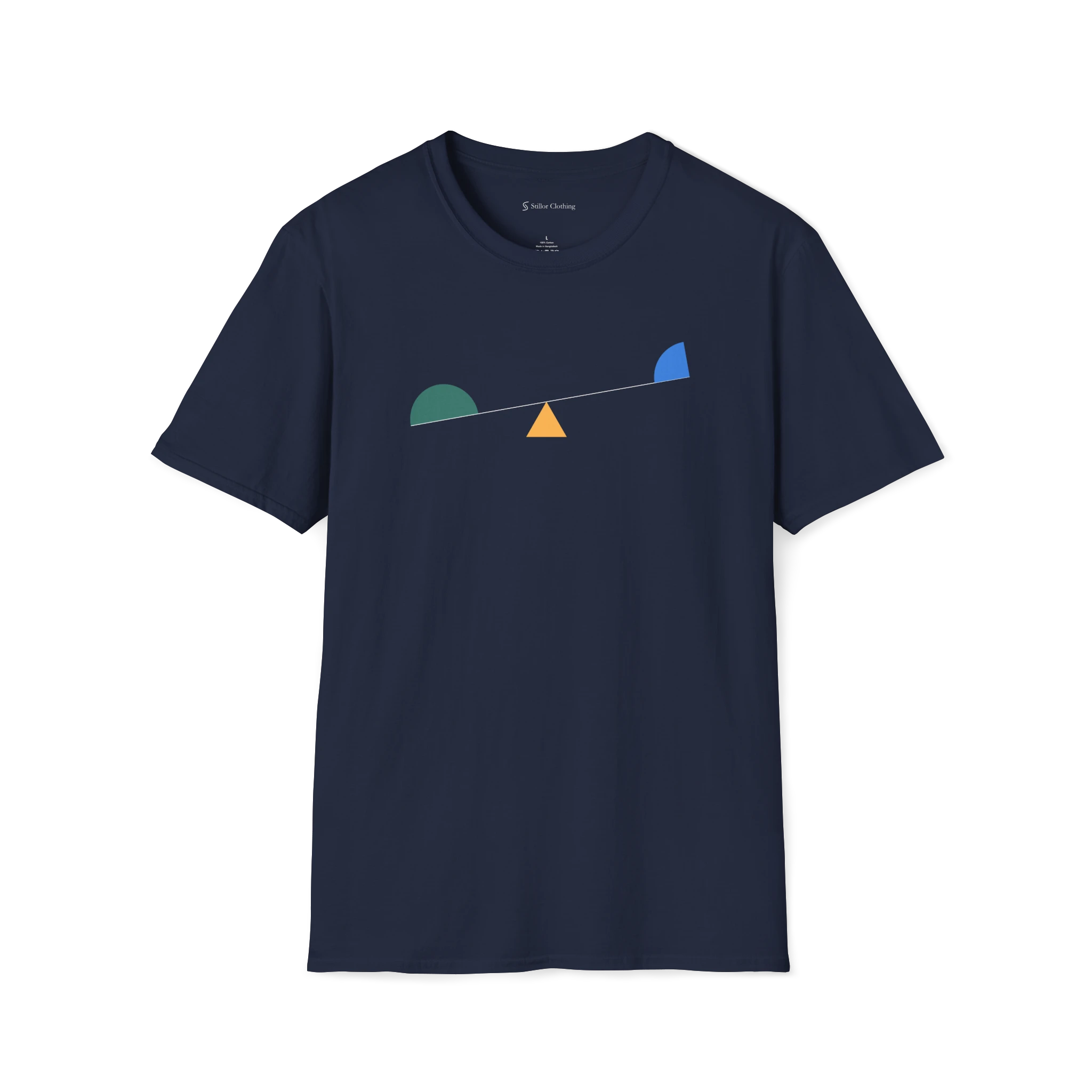 Navy Blue Balance T-shirt, front view with minimalist geometric seesaw design in green, yellow, and blue