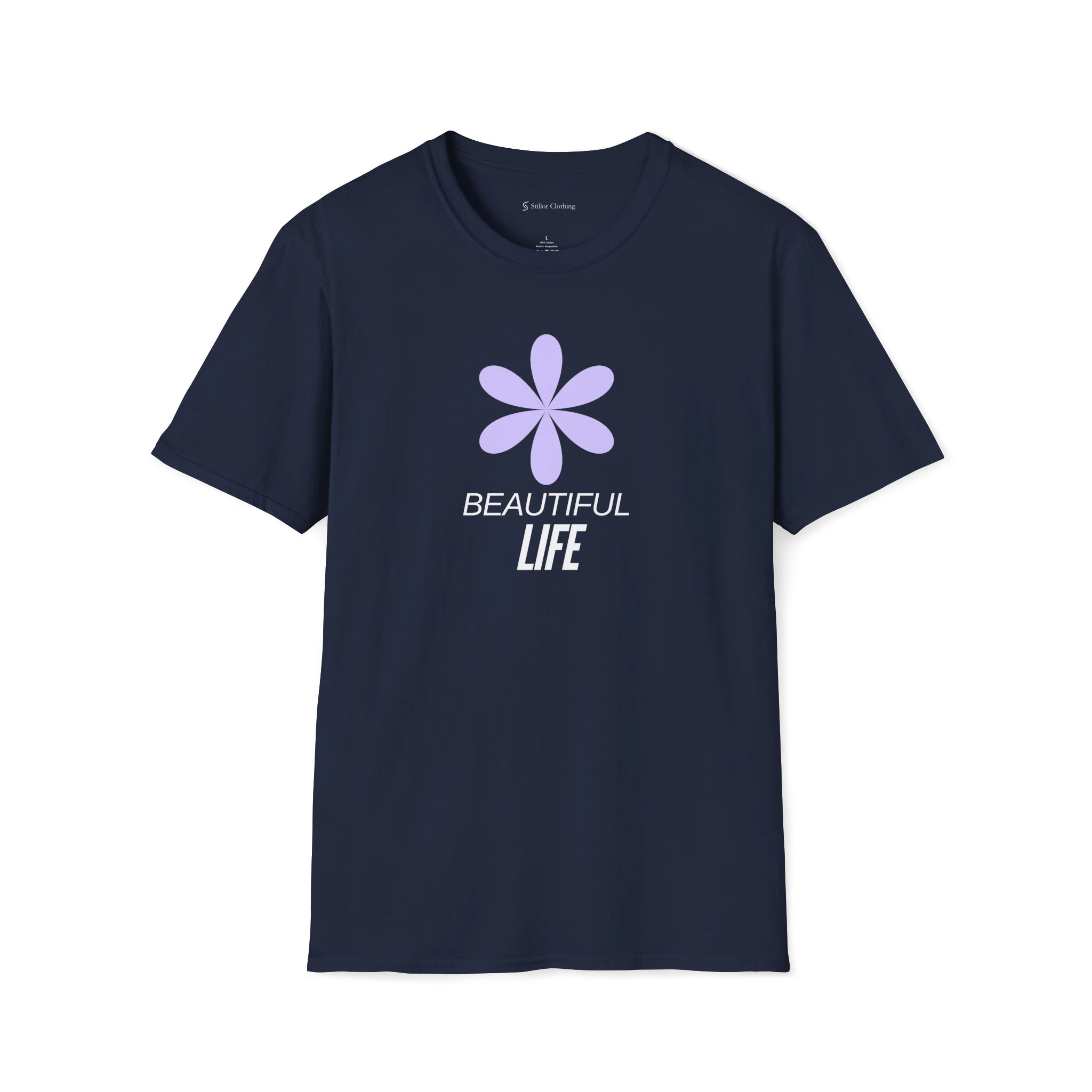 Navy Blue Beautiful Life T-Shirt, front view with purple flower graphic and black text print