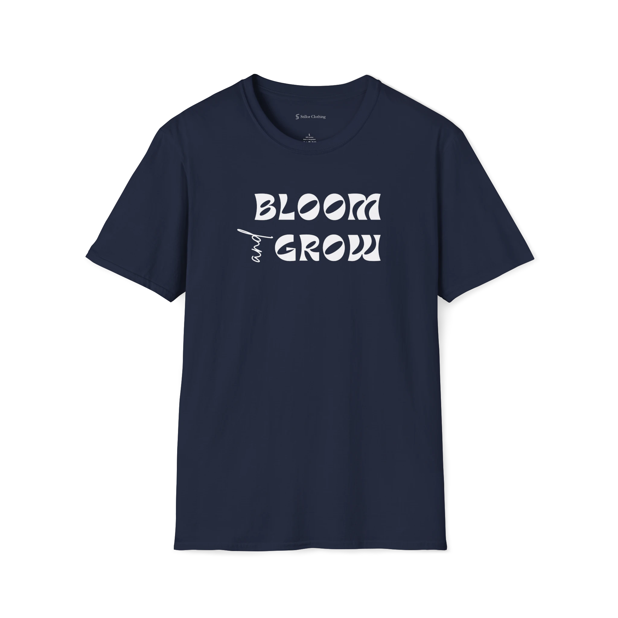 Navy Blue Bloom and Grow T-shirt, front view with black retro lettering and small hand-drawn sprout detail