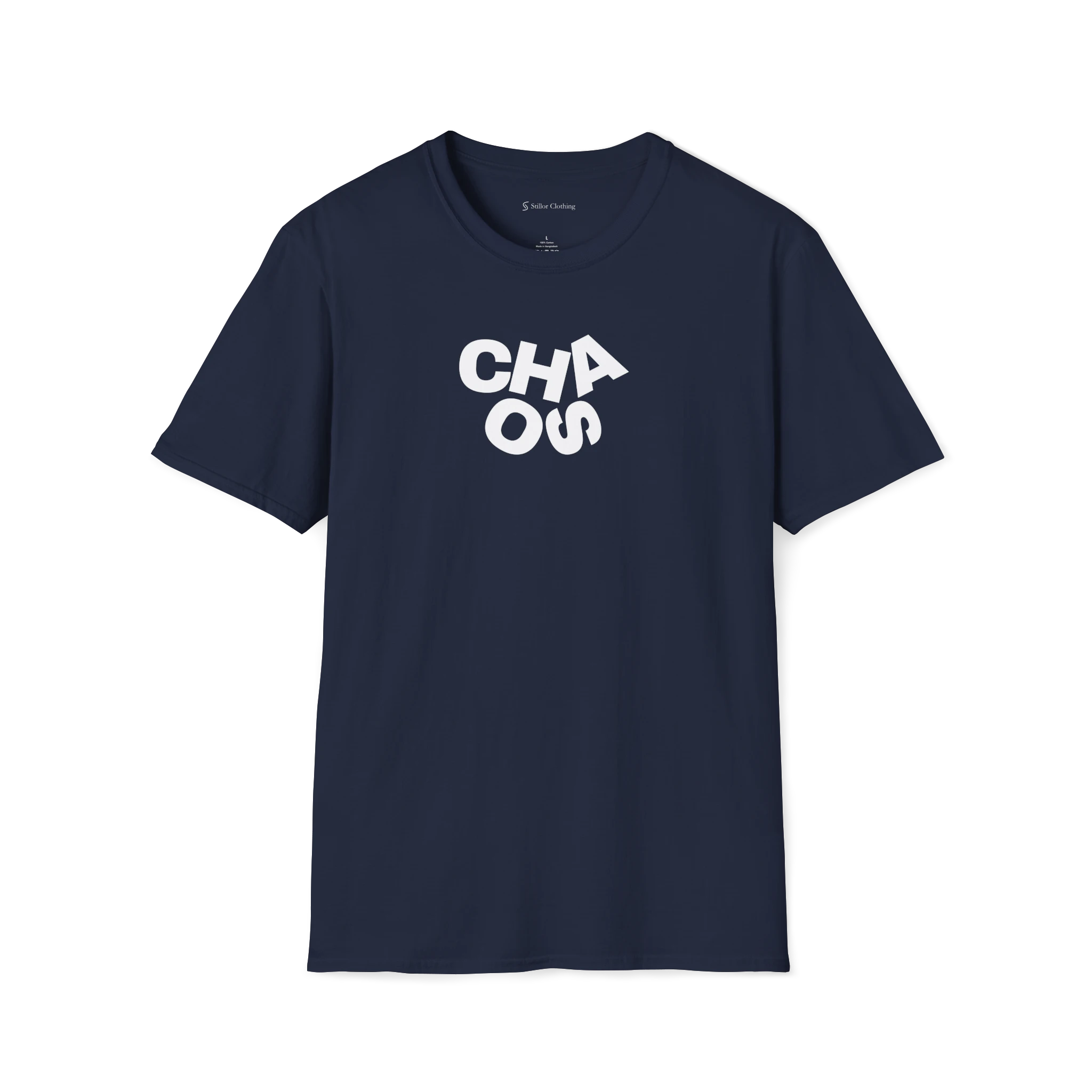 Navy Blue Chaos T-Shirt, front view with grey stacked CHAOS lettering on the chest