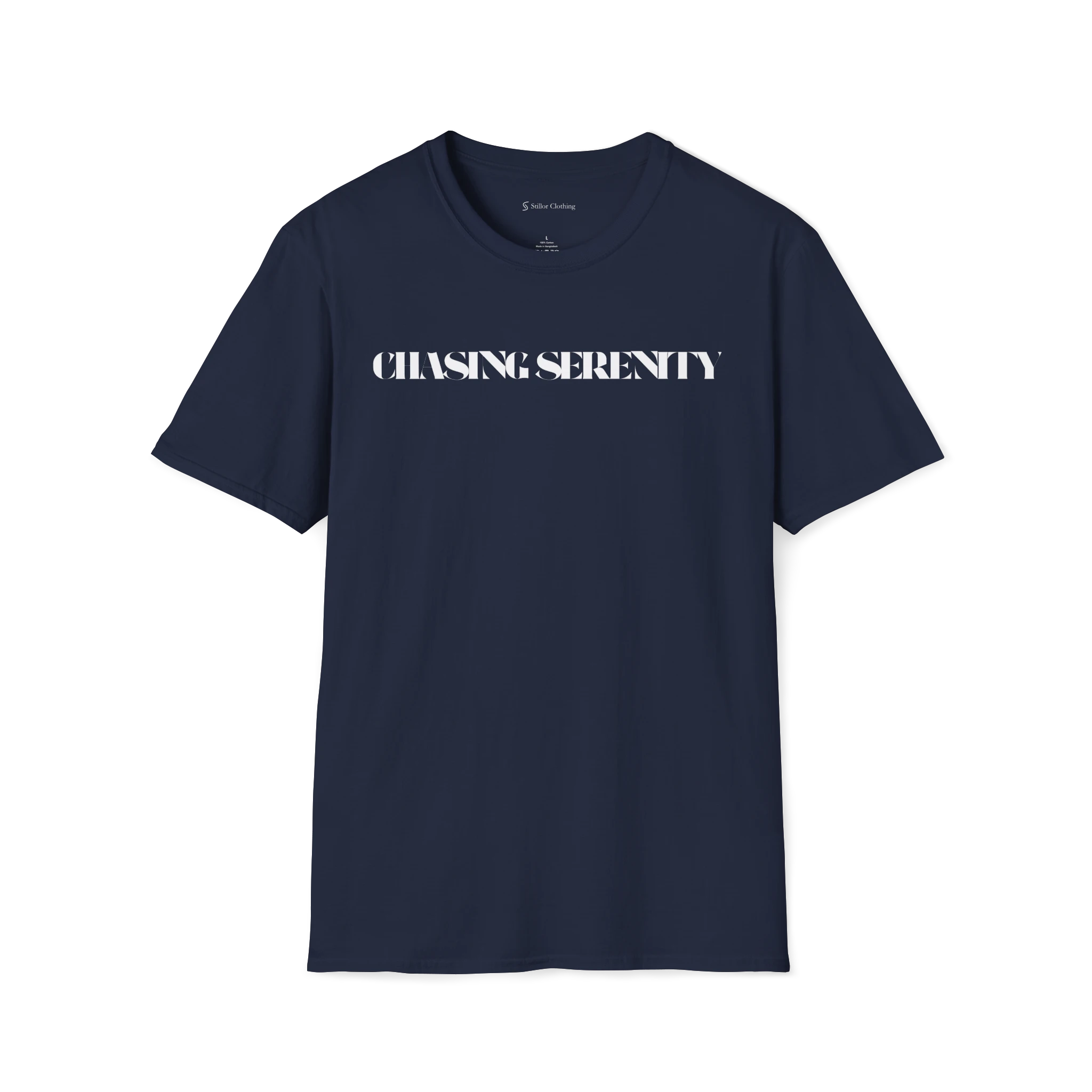 Navy Blue Chasing Serenity t-shirt, front view with bold black text print across the chest.