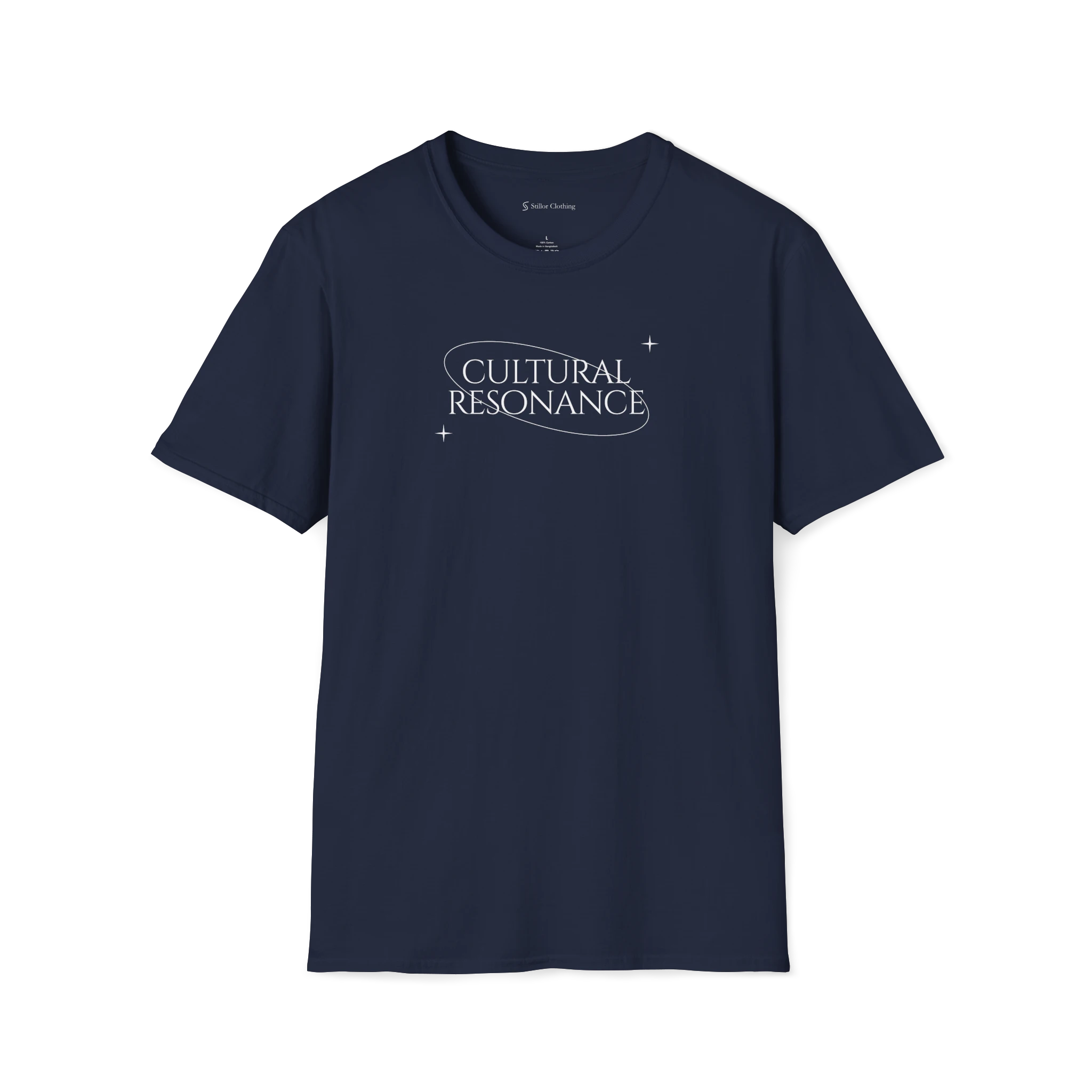 Navy Blue Cultural Resonance t-shirt, front view with minimalist typography and small star details