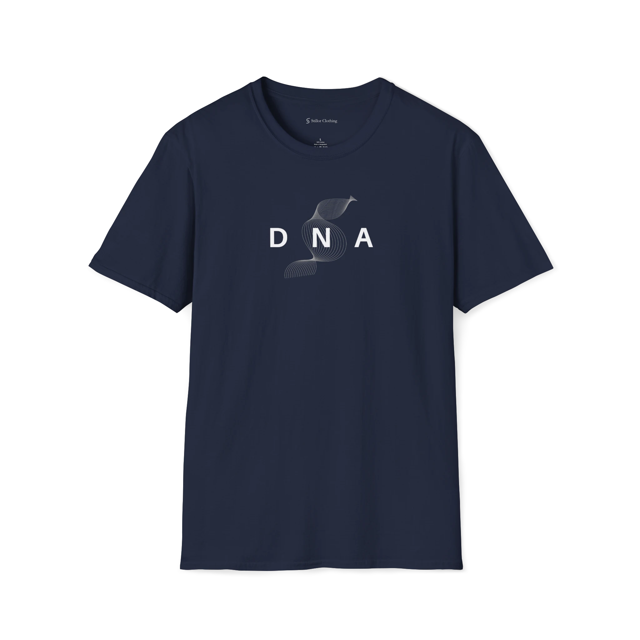 Navy Blue DNA t-shirt, front view with minimal helix line artwork and spaced lettering.