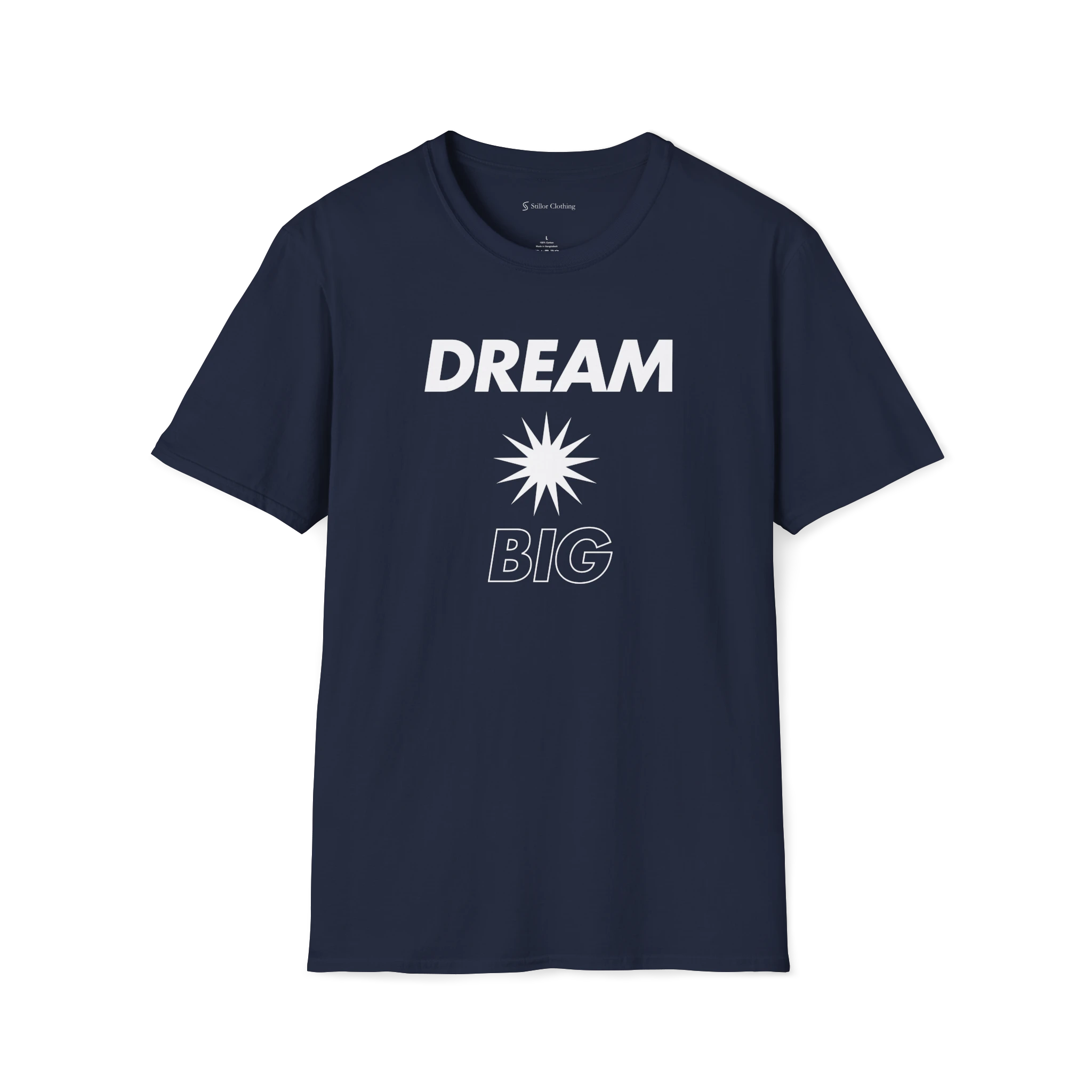 Navy Blue Dream Big T-Shirt, front view with blue bold text and starburst graphic