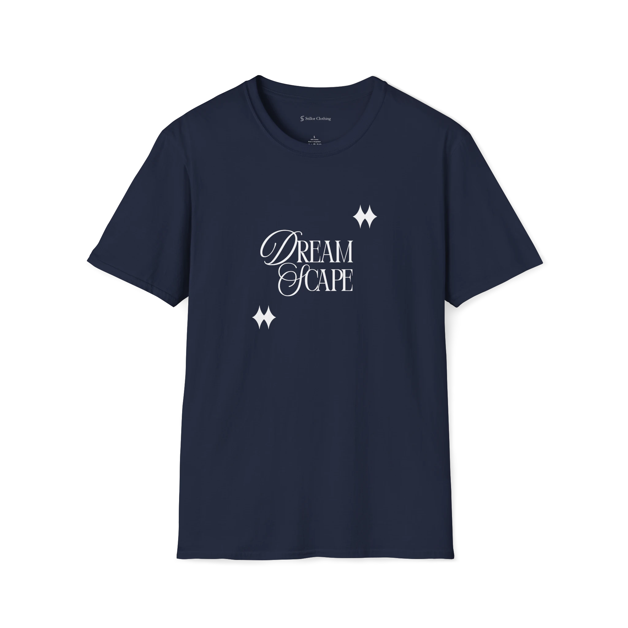 Navy Blue DreamScape t-shirt, front view with elegant Dream Scape lettering and blue sparkle accents