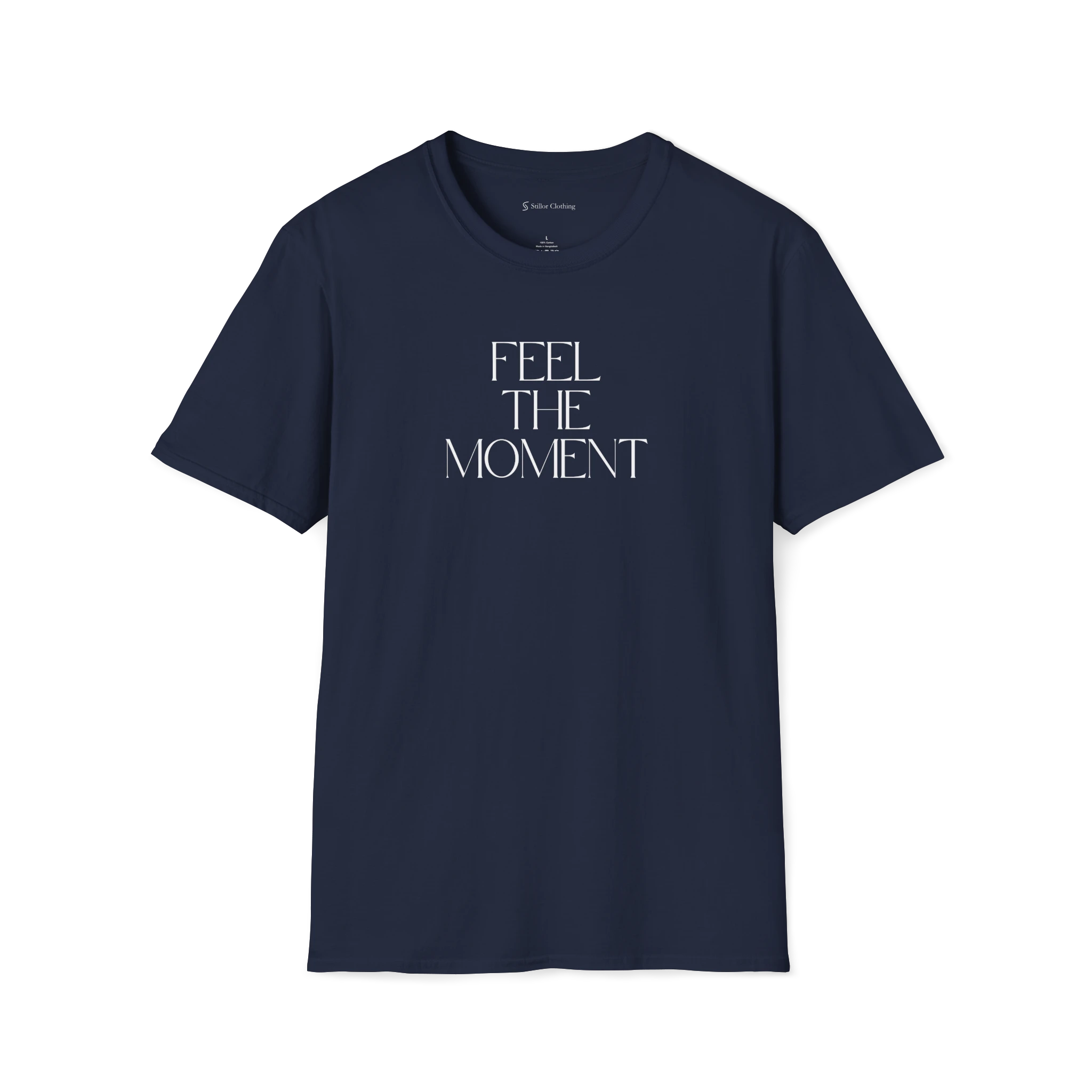 Navy Blue Feel The Moment T-shirt, front view with minimalist black text print