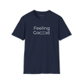 Navy Blue Feeling Good T-Shirt, front view showing minimalist typography with a stretched “oo” detail.