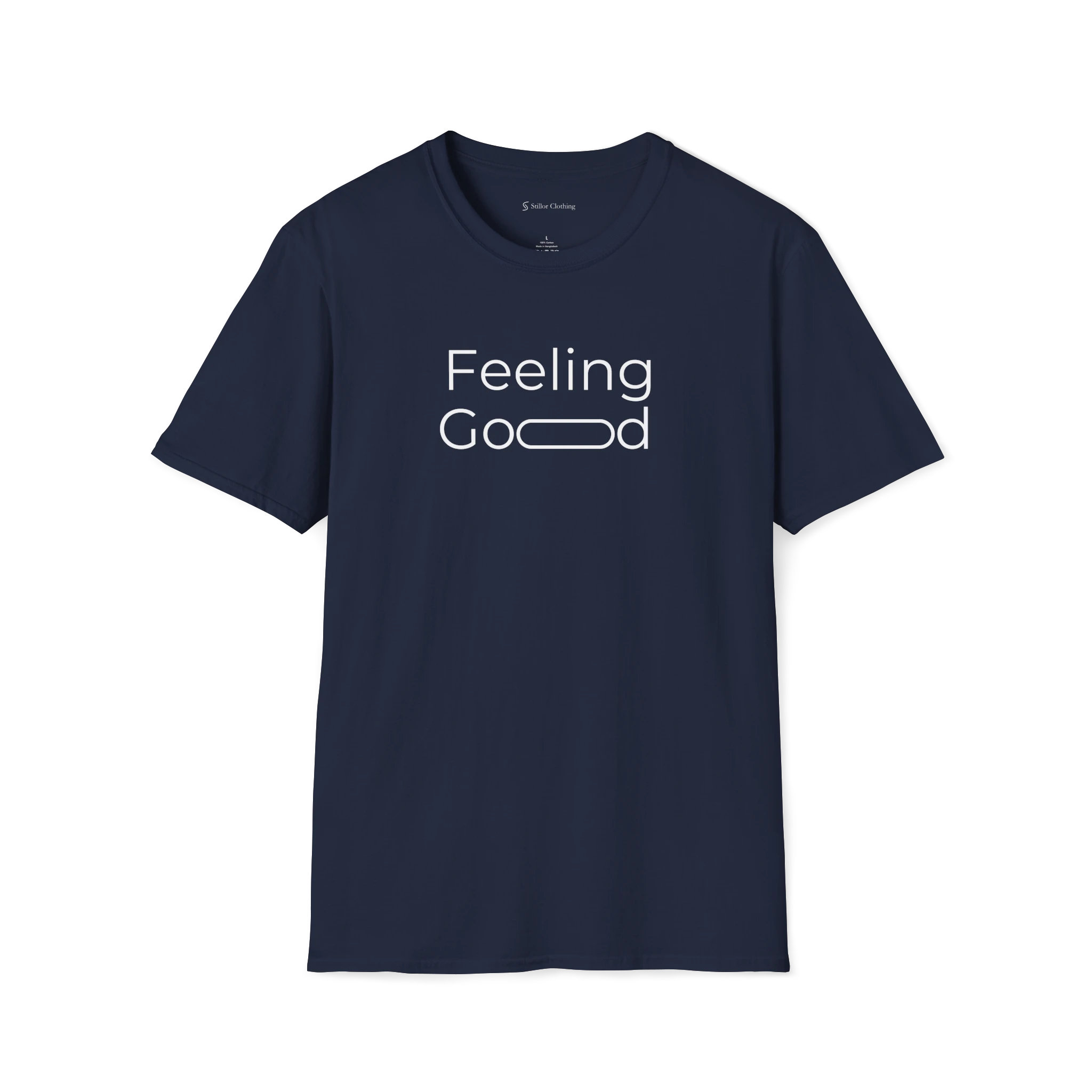 Navy Blue Feeling Good T-Shirt, front view showing minimalist typography with a stretched “oo” detail.