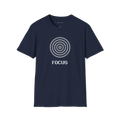 Navy Blue Focus t-shirt, front view with dotted spiral target graphic and focus text