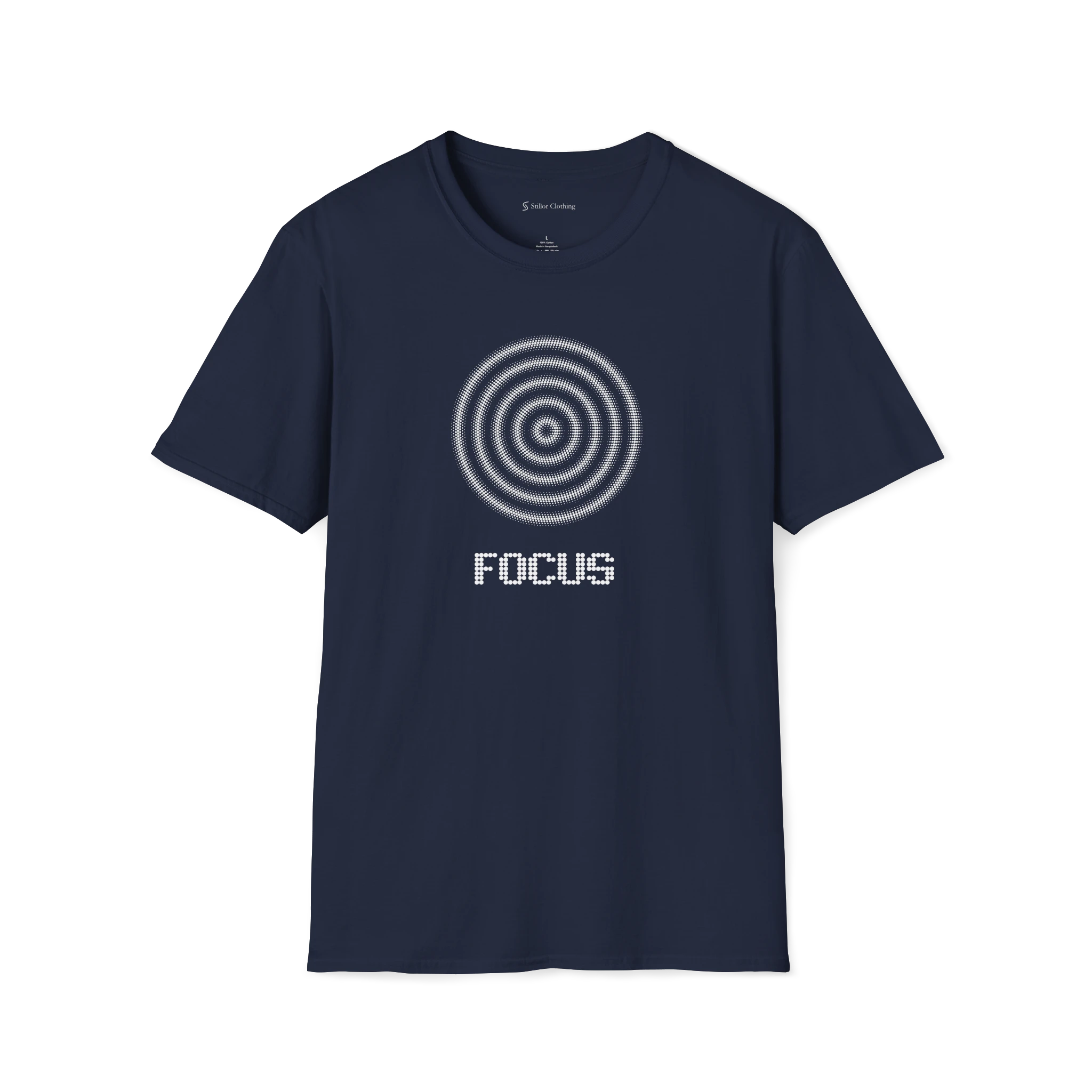 Navy Blue Focus t-shirt, front view with dotted spiral target graphic and focus text