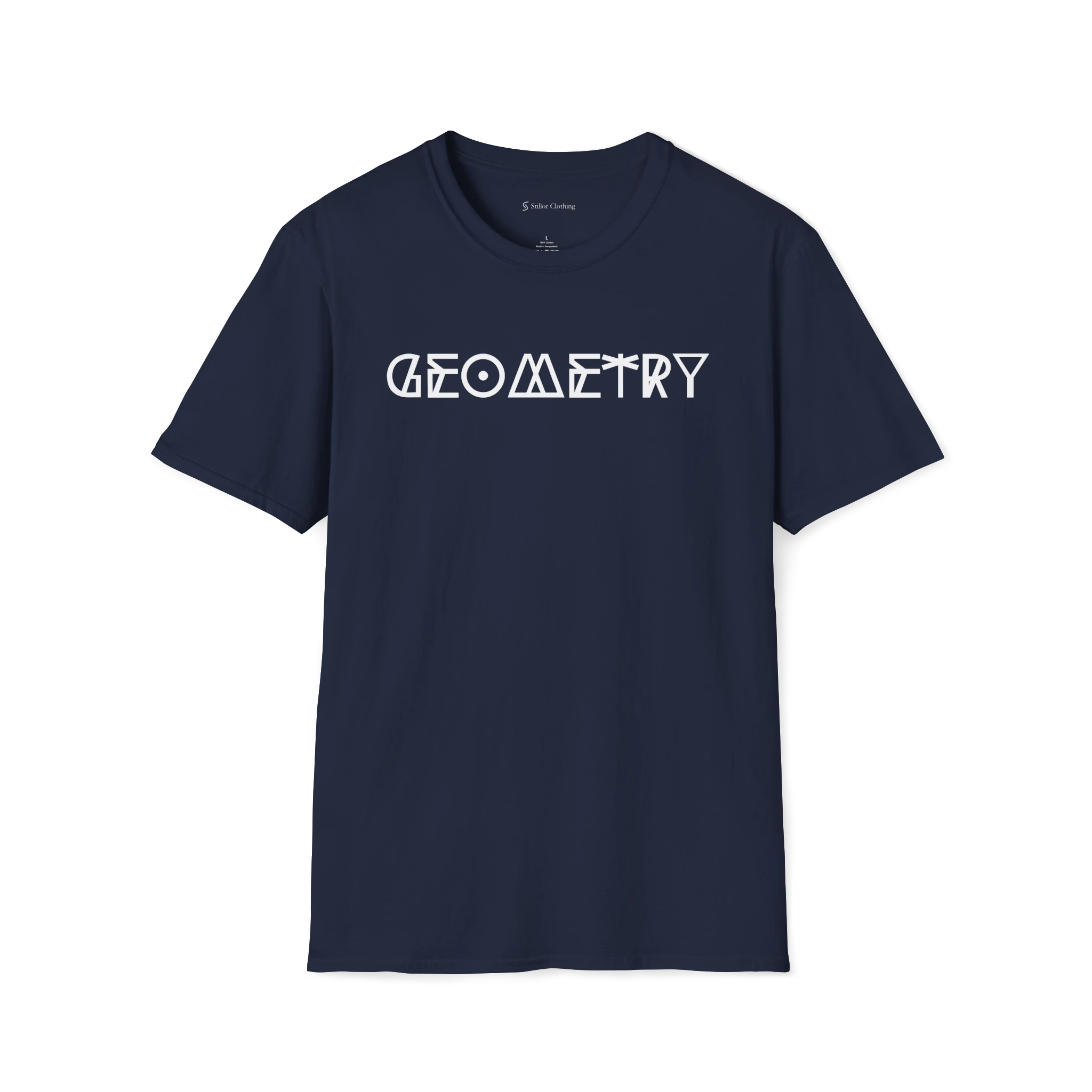 Navy Blue Geometry T-Shirt, front view with black geometric typography across the chest