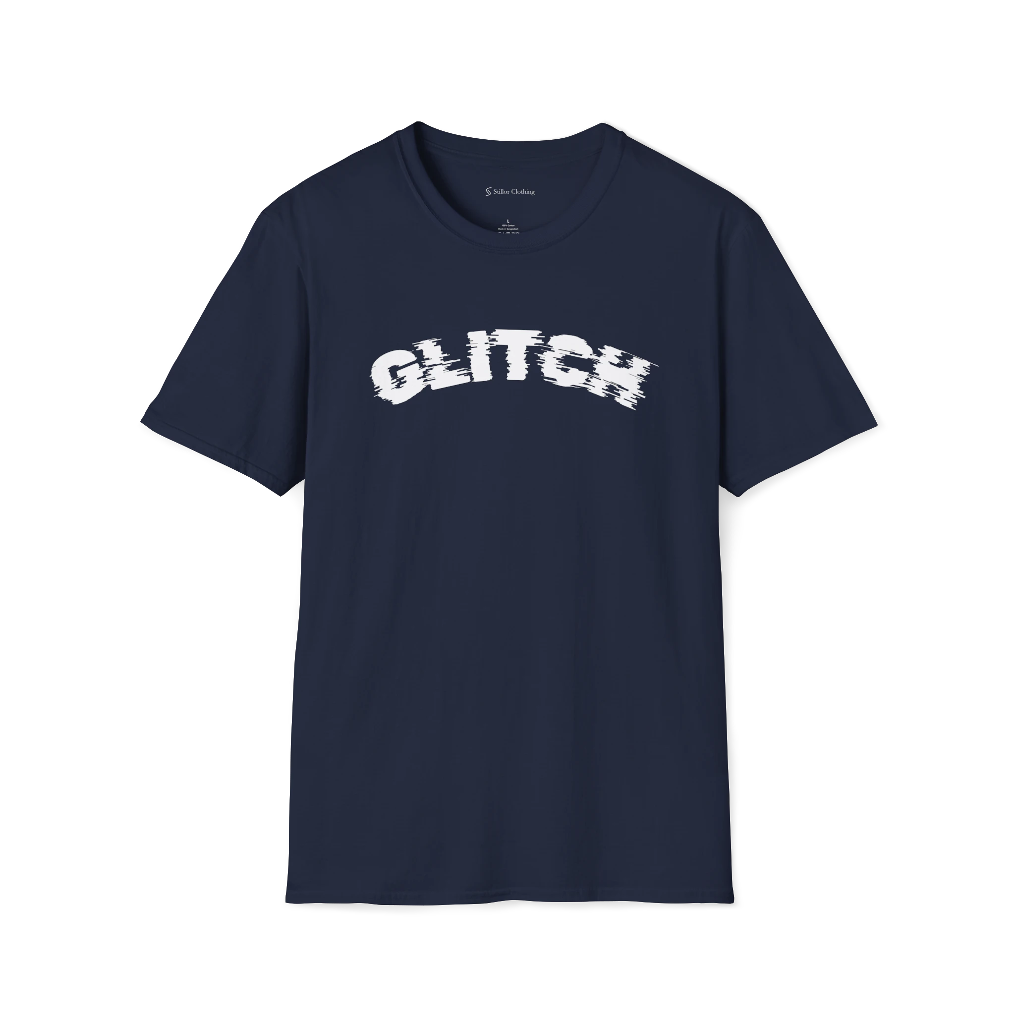 Navy Blue Glitch T-Shirt, front view with distorted black arched glitch text print