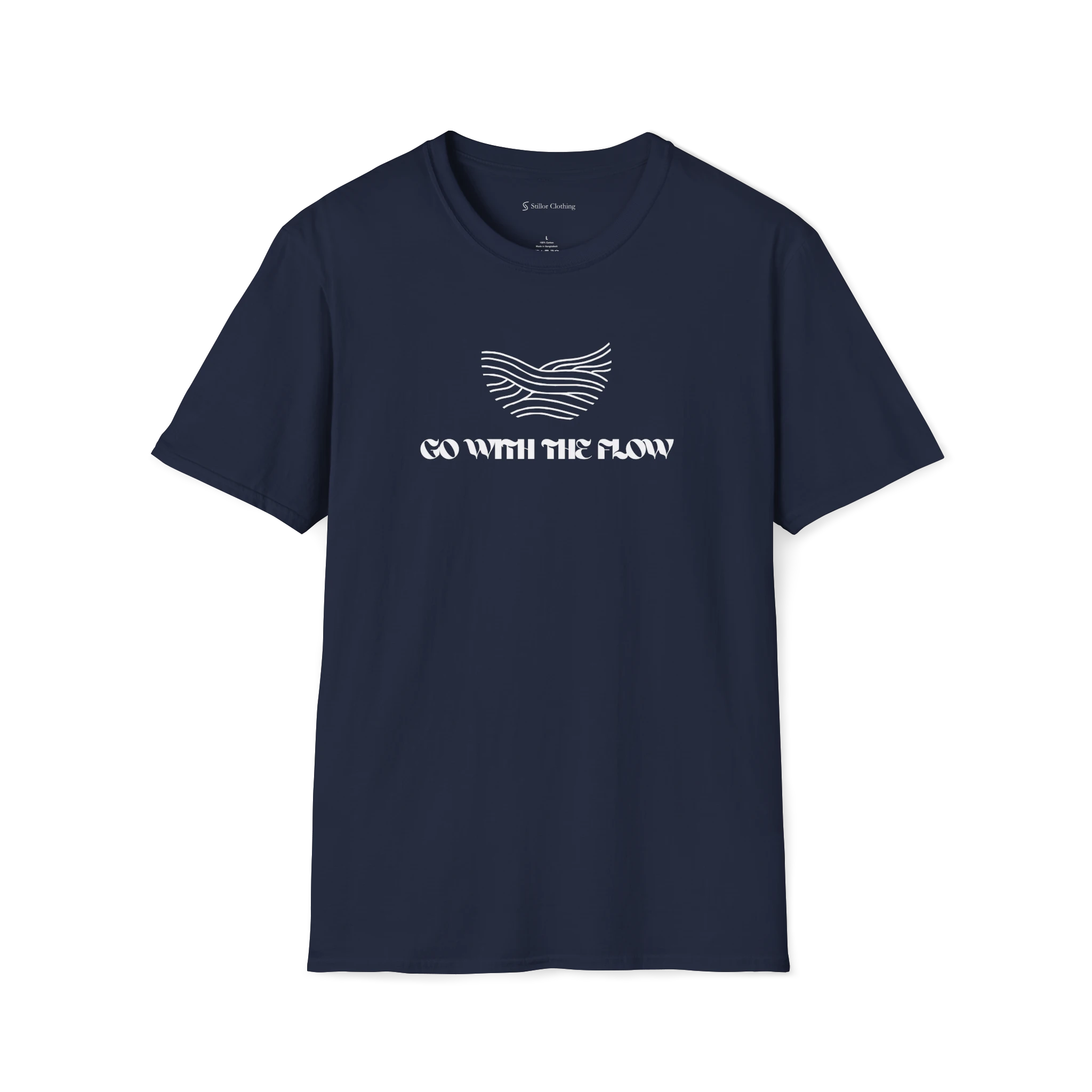 Navy Blue Go With The Flow t-shirt, front view with black wave line artwork above bold text.