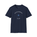 Navy Blue Good Energy Club T-shirt, front view with curved text and blue star graphic