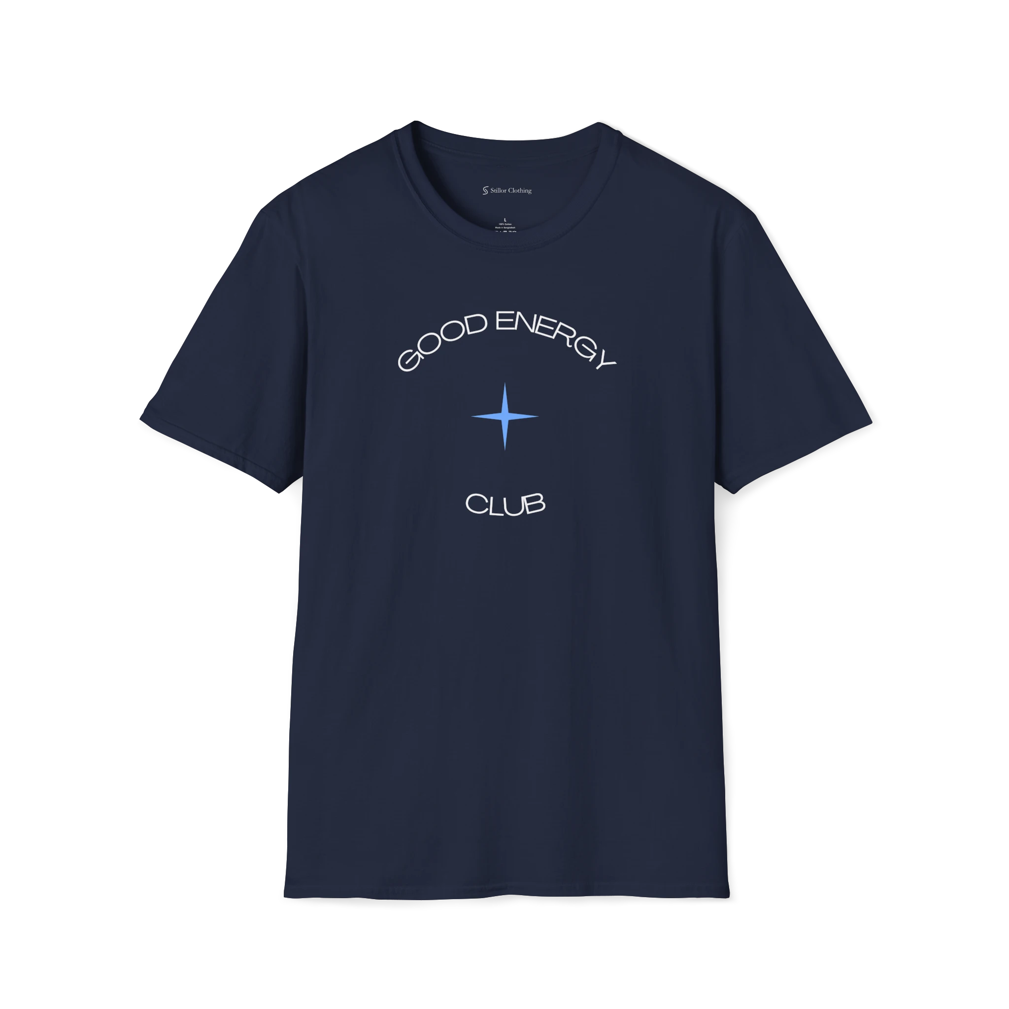Navy Blue Good Energy Club T-shirt, front view with curved text and blue star graphic
