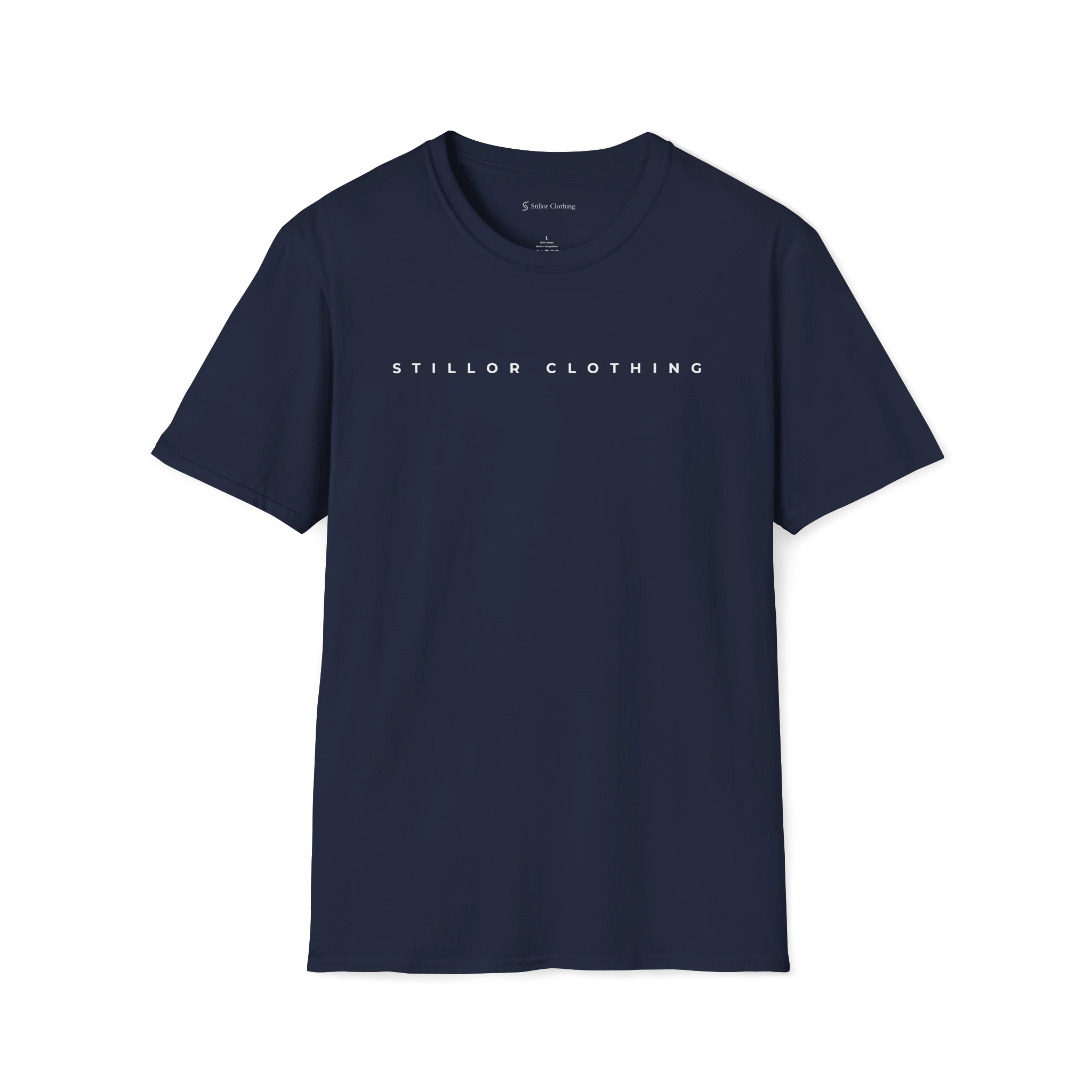 Navy Blue Horizon t-shirt, front view with spaced Stillor Clothing wordmark across the chest