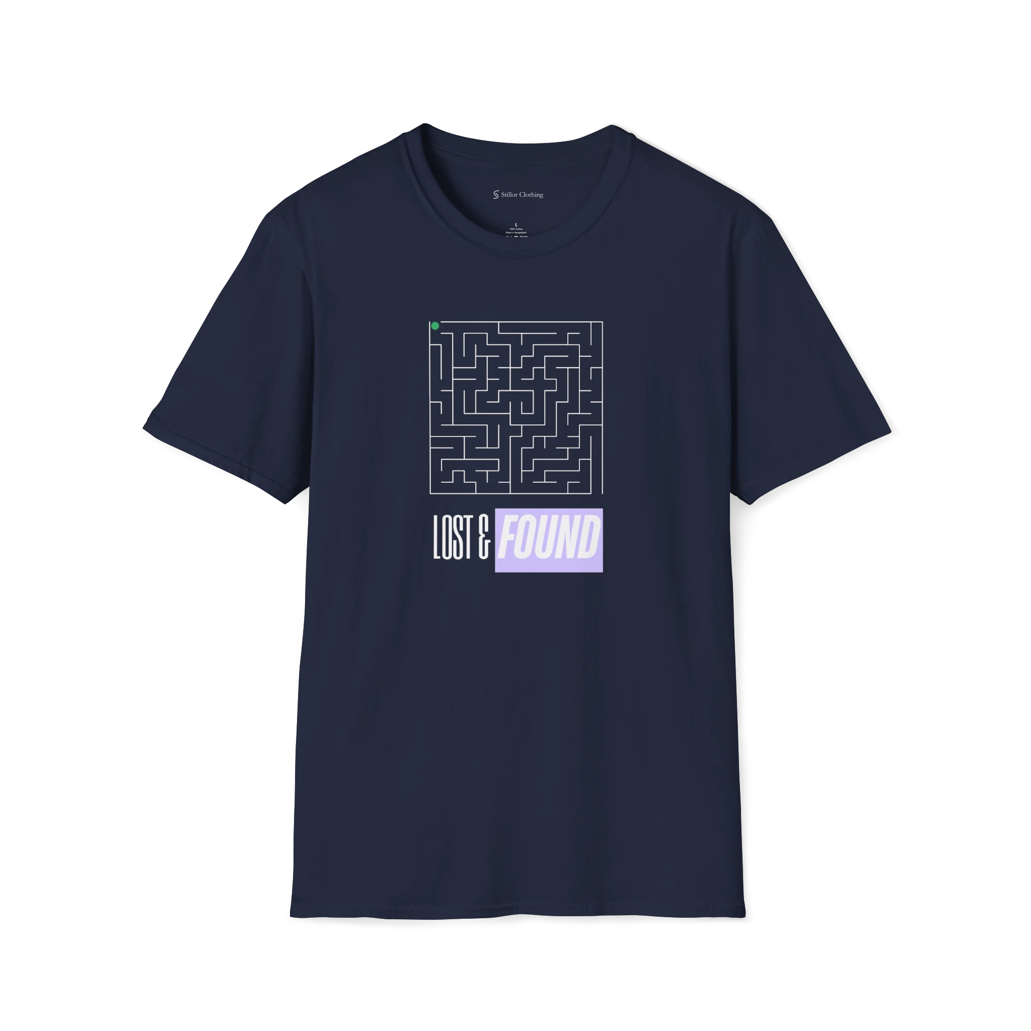 Navy Blue Lost & Found T-Shirt, front view with maze graphic, green dot, and purple FOUND text block.