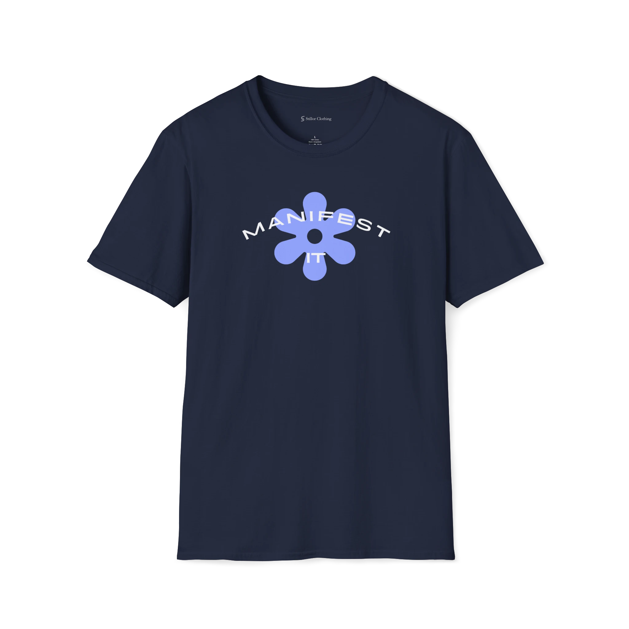 Navy Blue Manifest It T-Shirt, front view with curved text and blue flower graphic on the chest