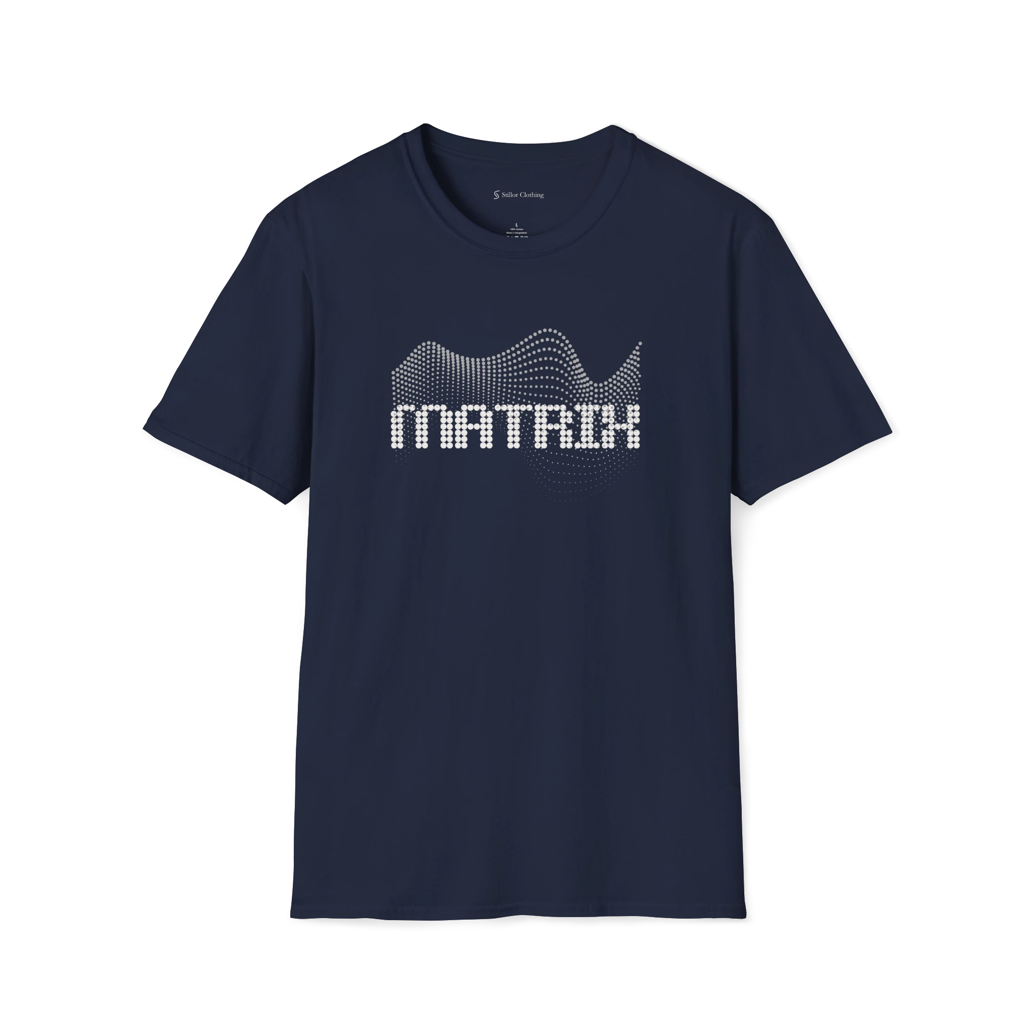 Navy Blue Matrix T-shirt, front view with black dotted wave graphic and matrix text.