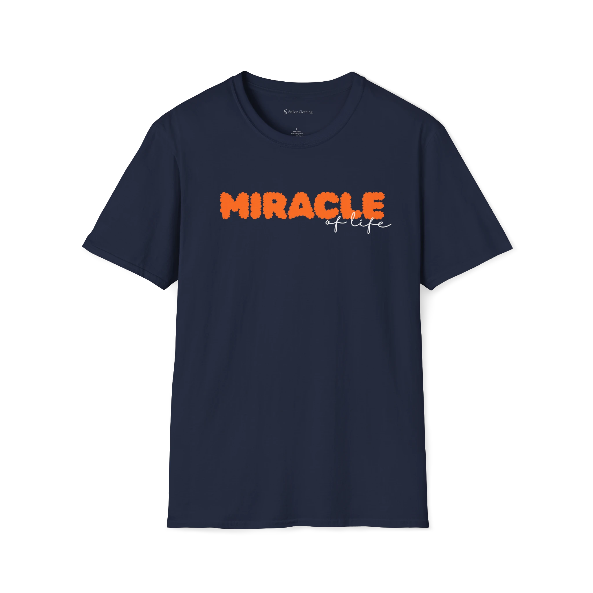 Navy Blue Miracle Of Life T-shirt, front view with orange miracle text and black cursive of life detail