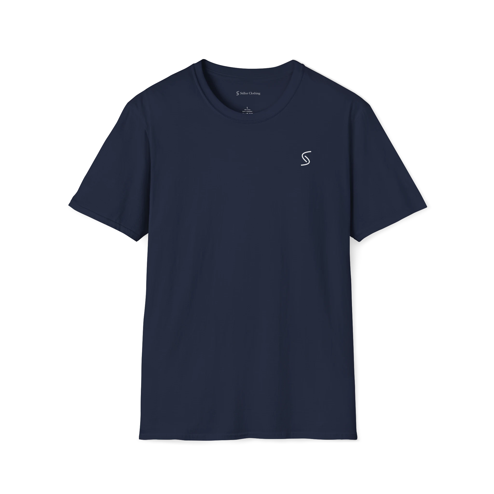 Navy Blue Monogram T-Shirt, front view with small black Stillor monogram on chest