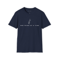 Navy Blue One Thing At A Time T-shirt, front view with minimalist leaf artwork and centered text print