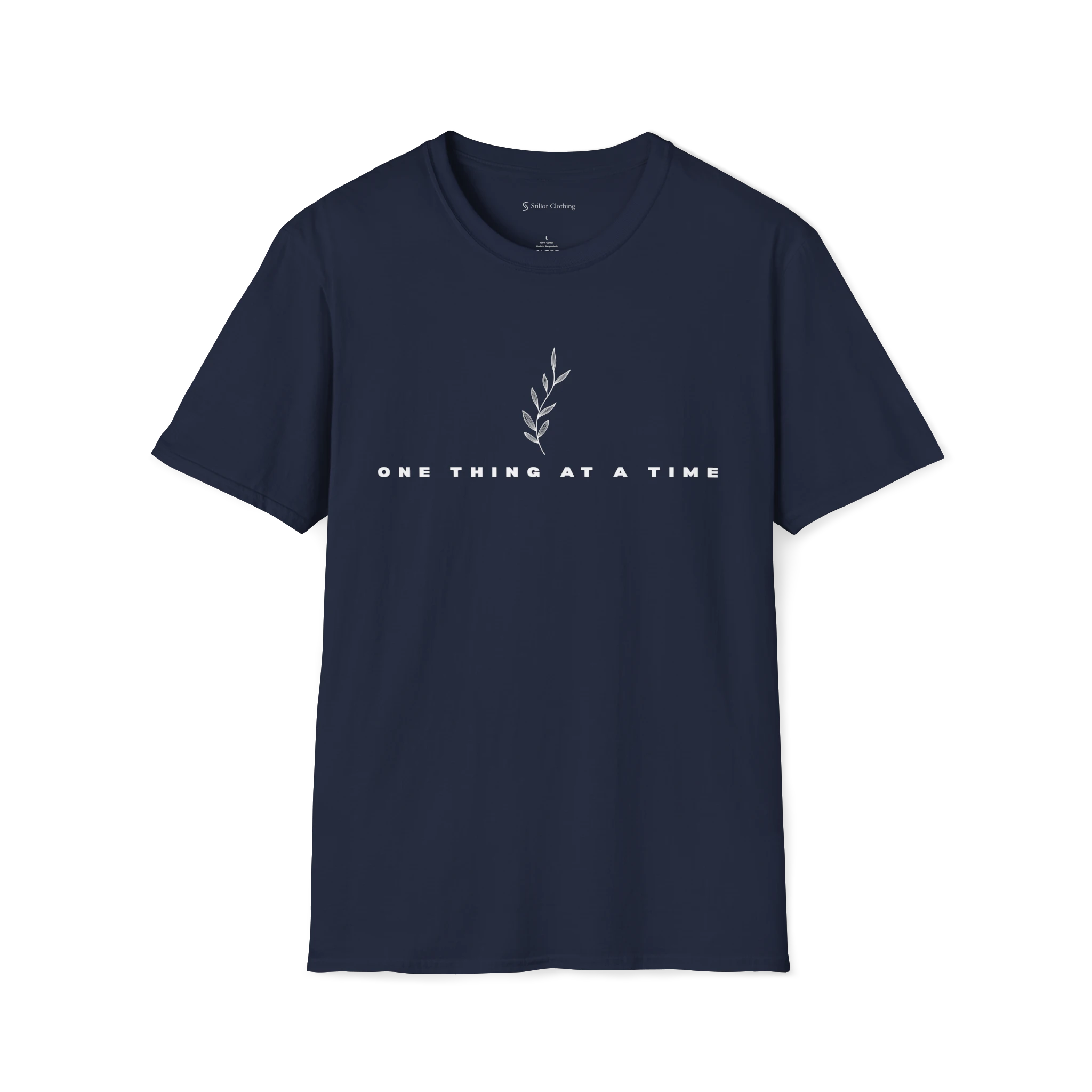 Navy Blue One Thing At A Time T-shirt, front view with minimalist leaf artwork and centered text print