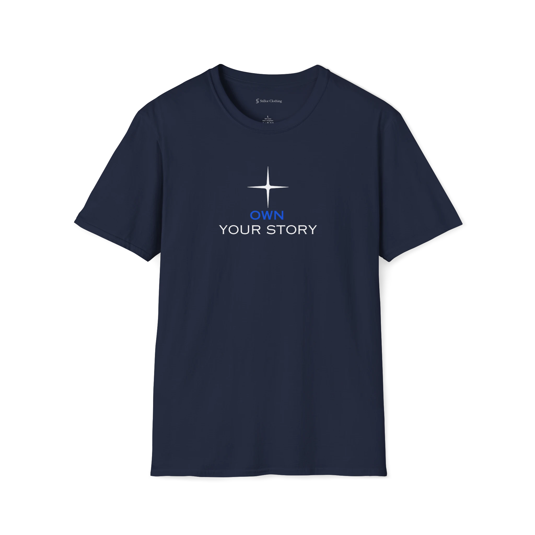 Navy Blue Own Your Story T-Shirt, front view with star icon above blue and black text print.