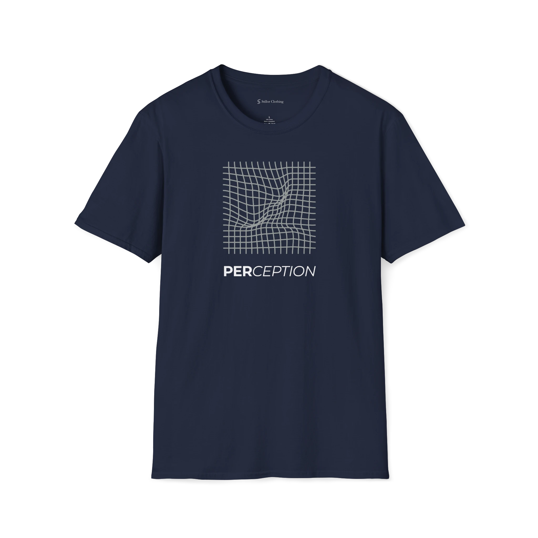 Navy Blue Perception T-shirt, front view with grey warped grid graphic and bold PERCEPTION text.
