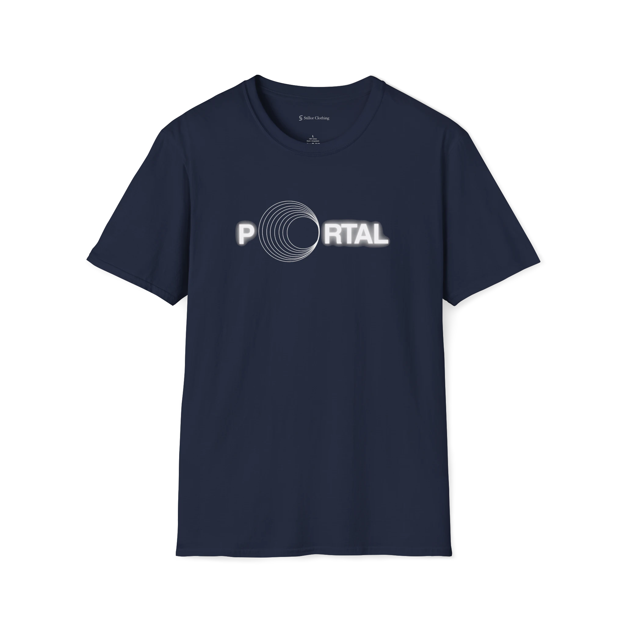 Navy Blue Portal T-Shirt, front view with circular tunnel graphic replacing the O in Portal