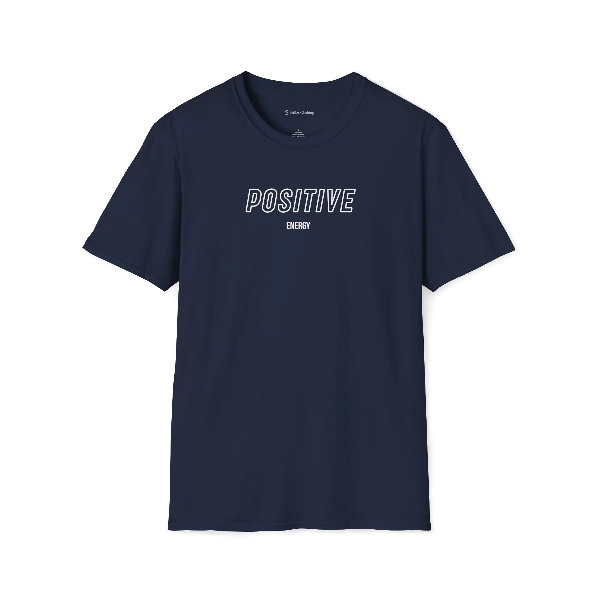 Navy Blue Positive Energy T-Shirt, front view with outlined POSITIVE text and small ENERGY lettering on the chest.