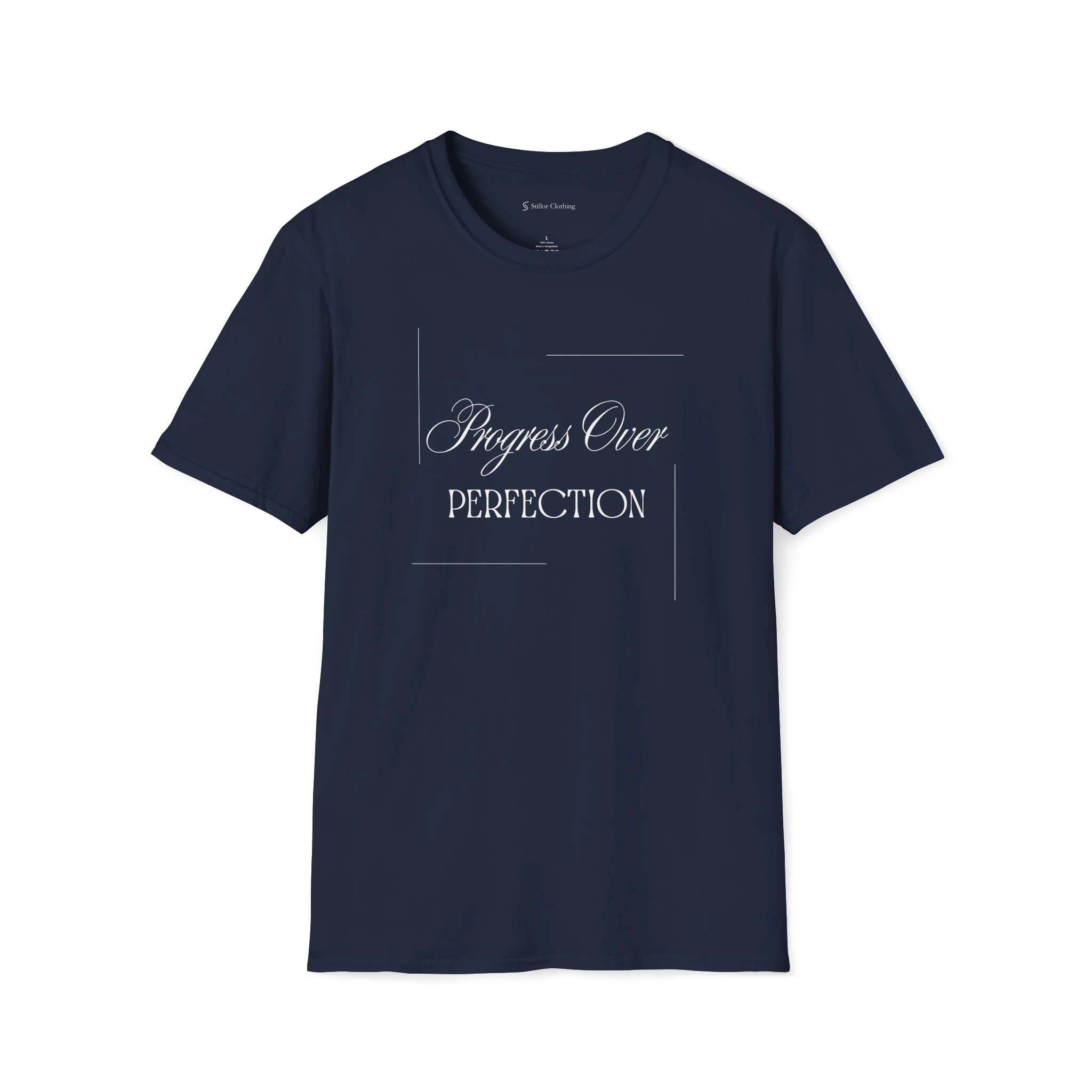 Navy Blue Progress Over Perfection T-Shirt, front view with elegant script and serif text print.
